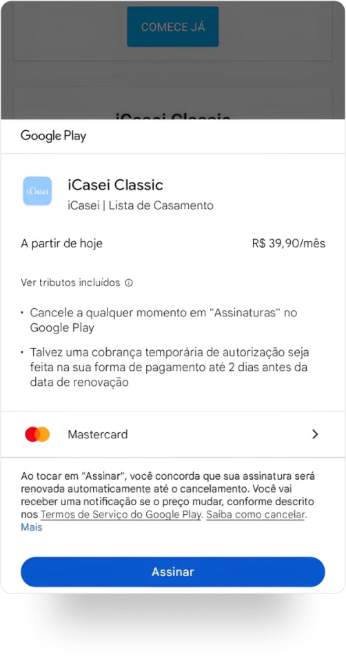Contratação de plano iCasei pela Google Play