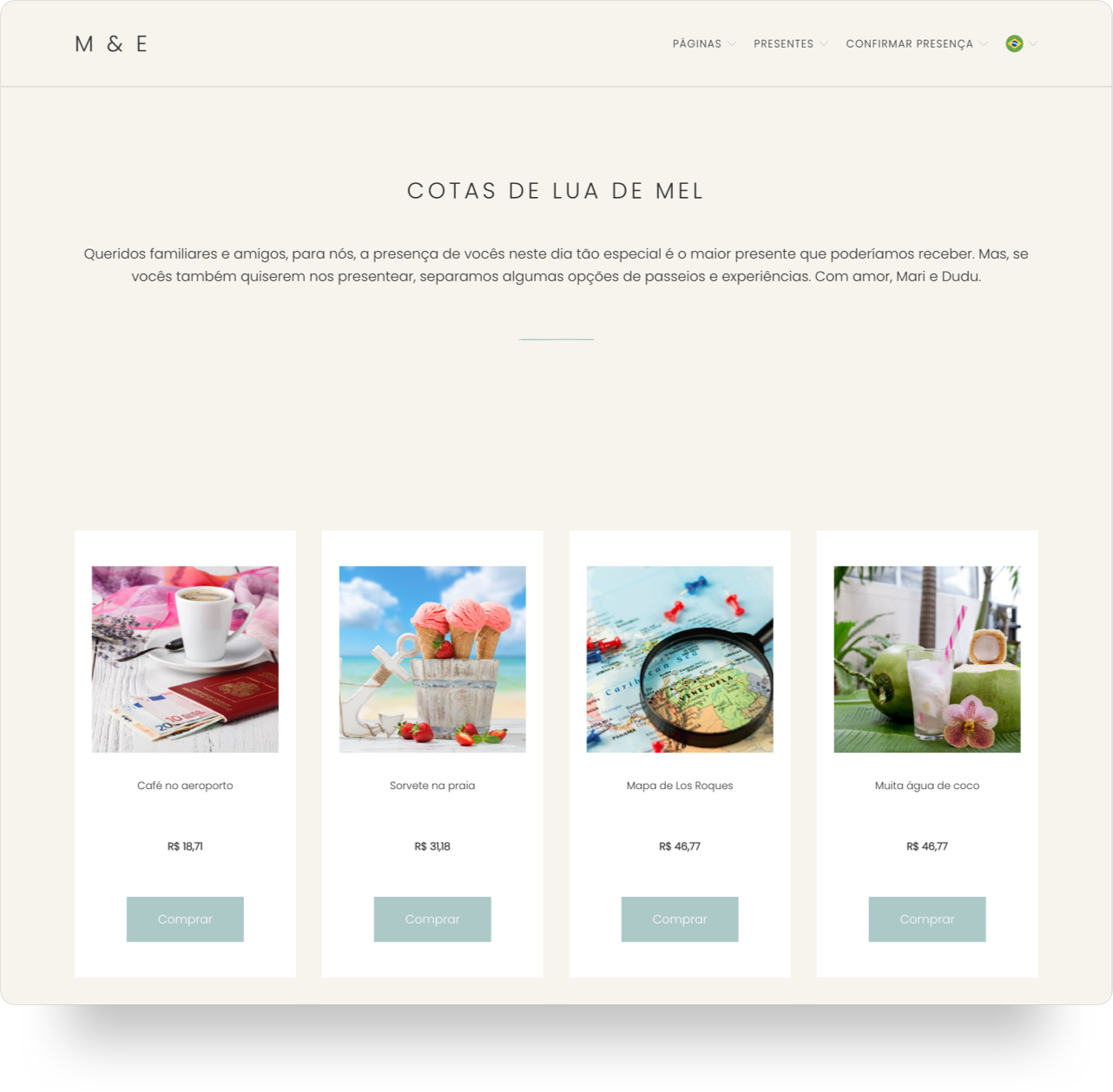 Lista de presentes no site de casamento