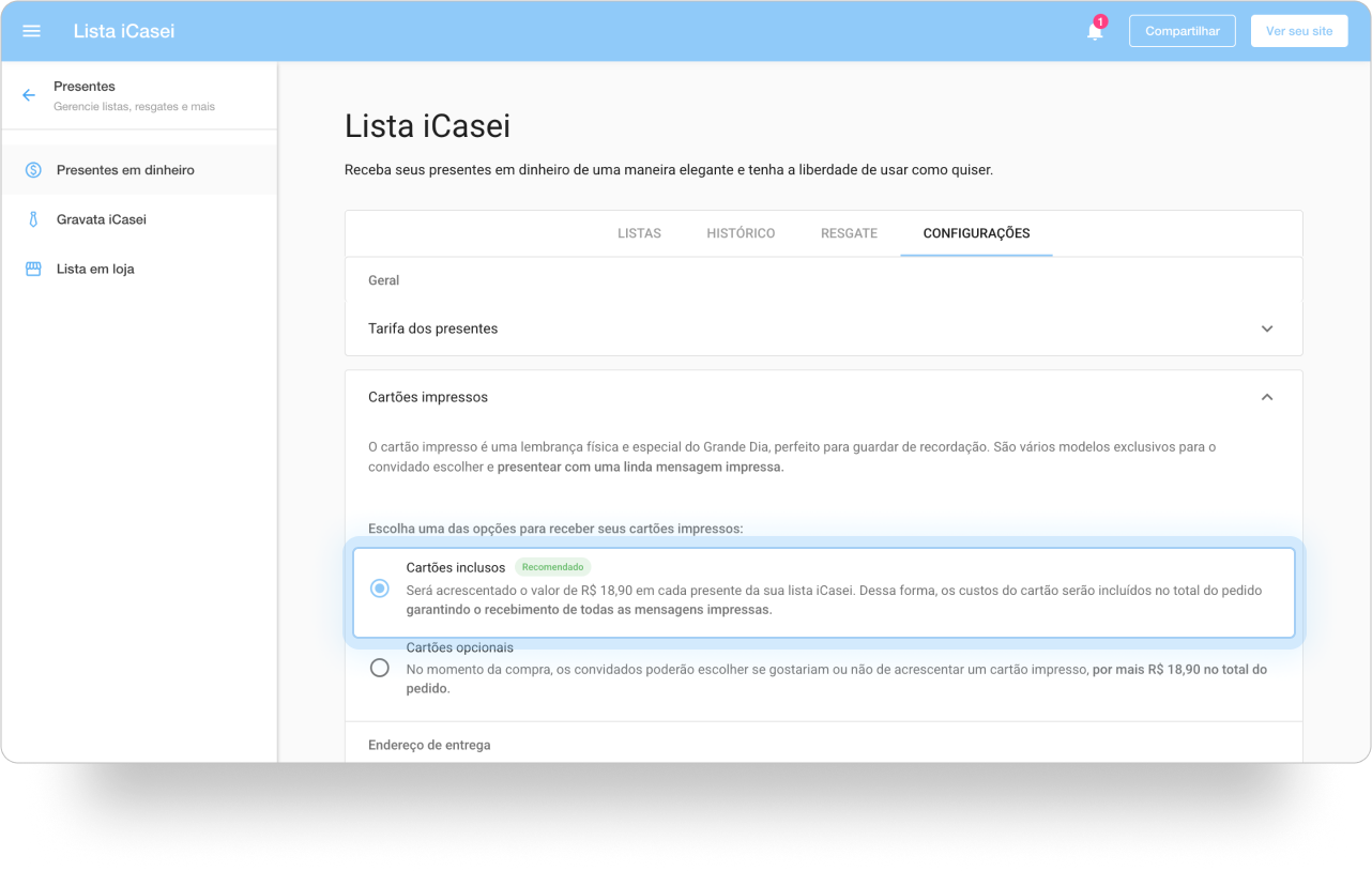 Destaque para o recurso de cartões impressos incluso