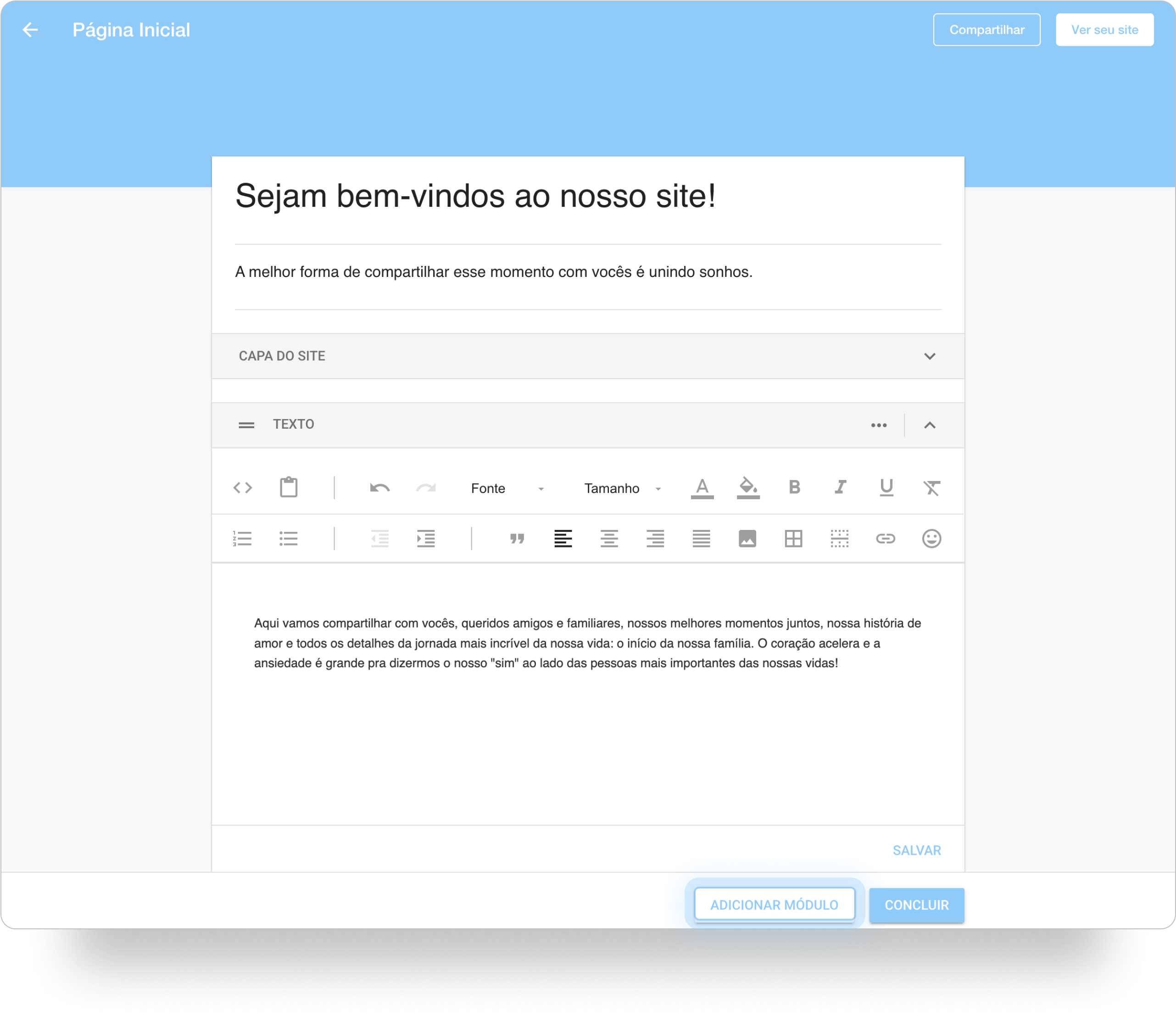 Destaque para adicionar o módulo de texto