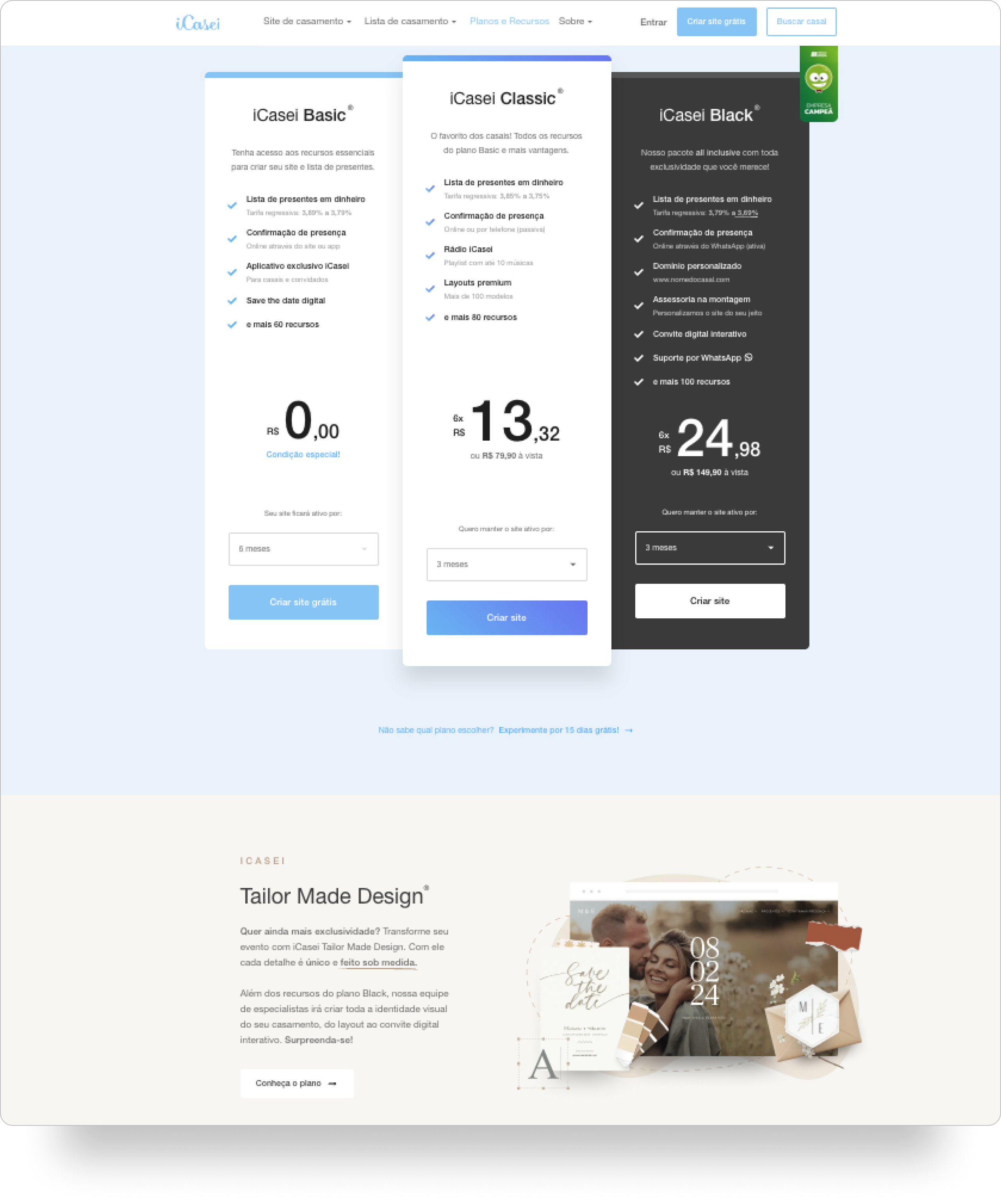 Tela com todos os planos do iCasei, incluindo o Tailor Made Design