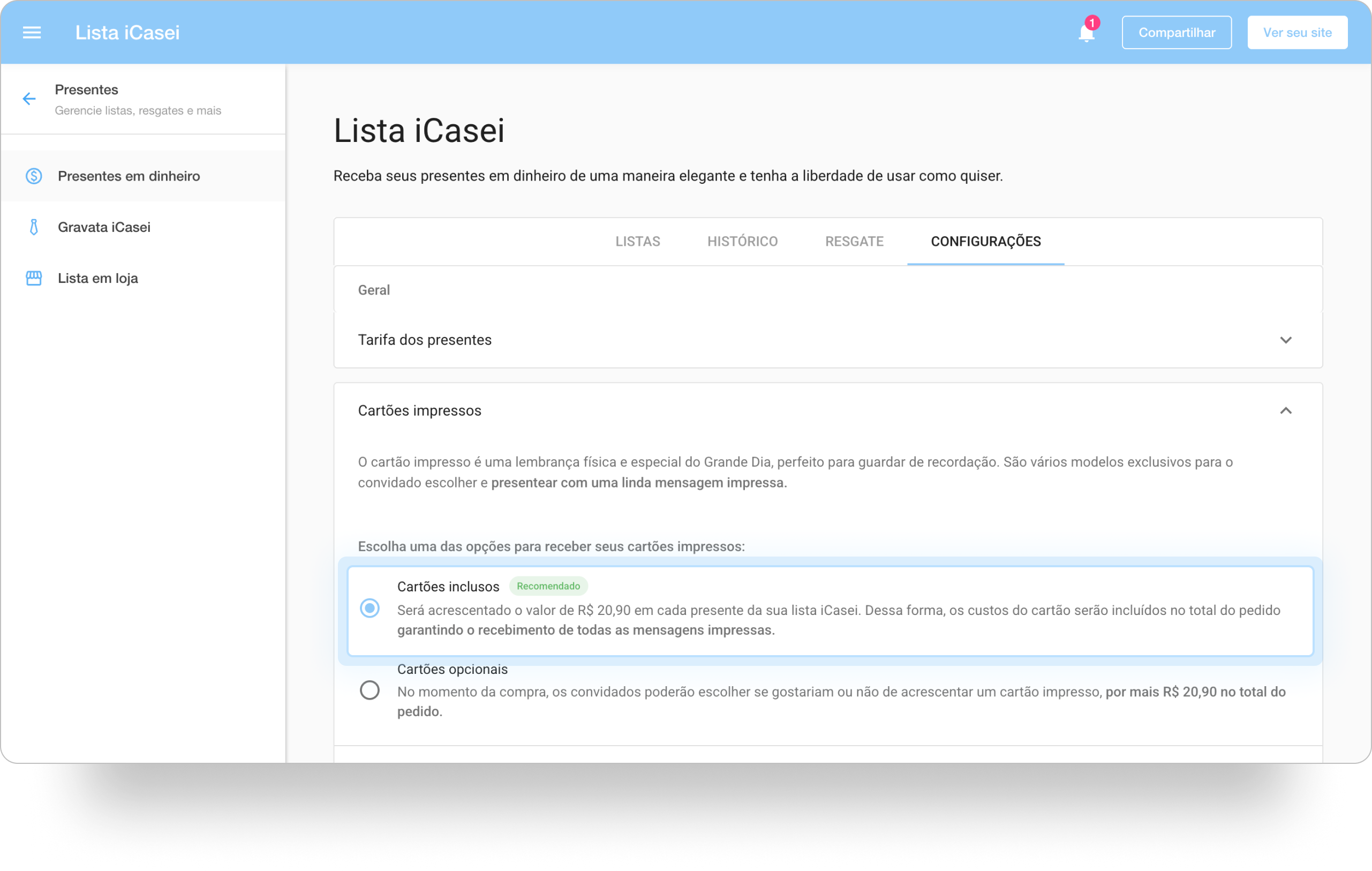 Destaque para o recurso de cartões impressos incluso