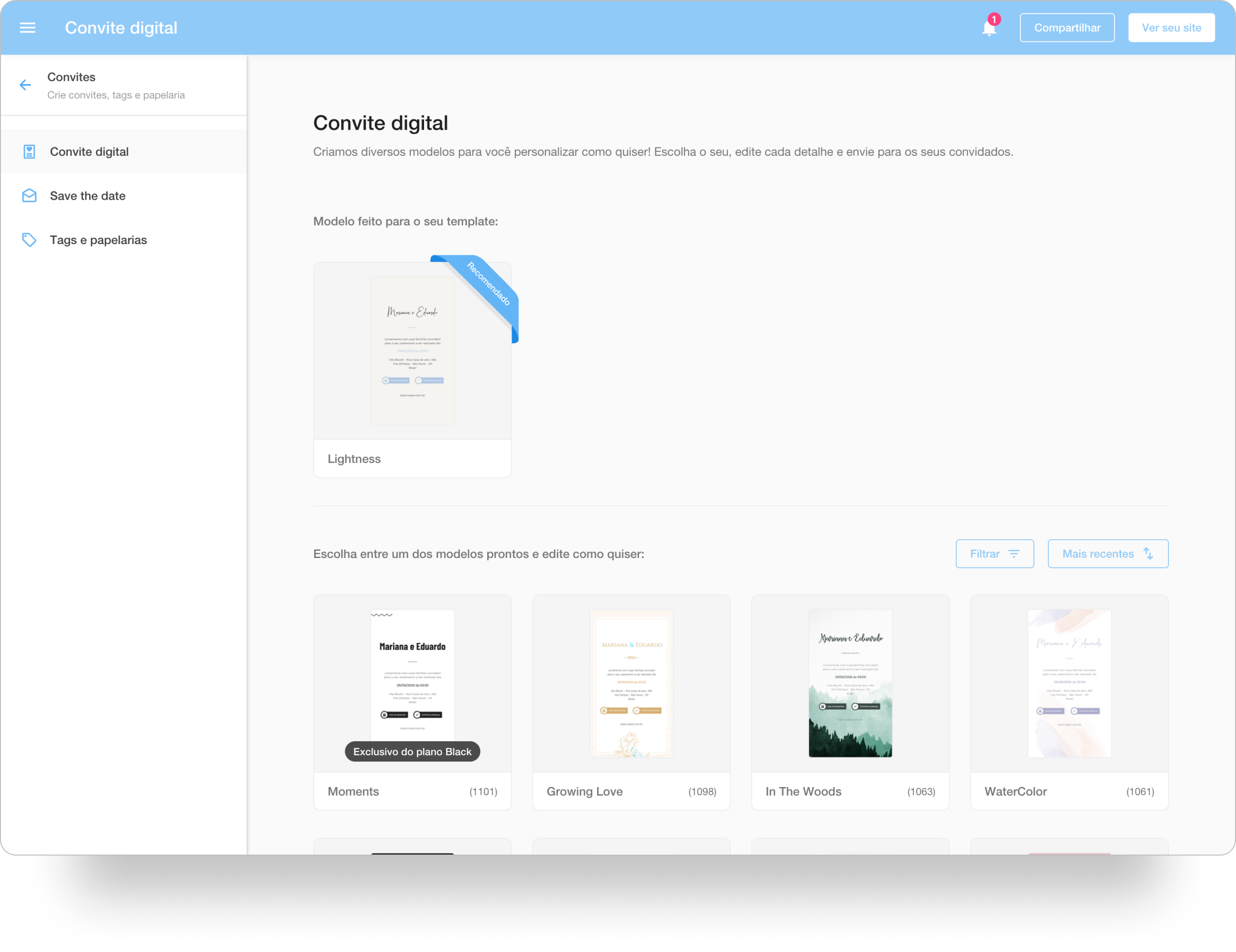 Tela do painel com a tela principal do Editor de convites do iCasei