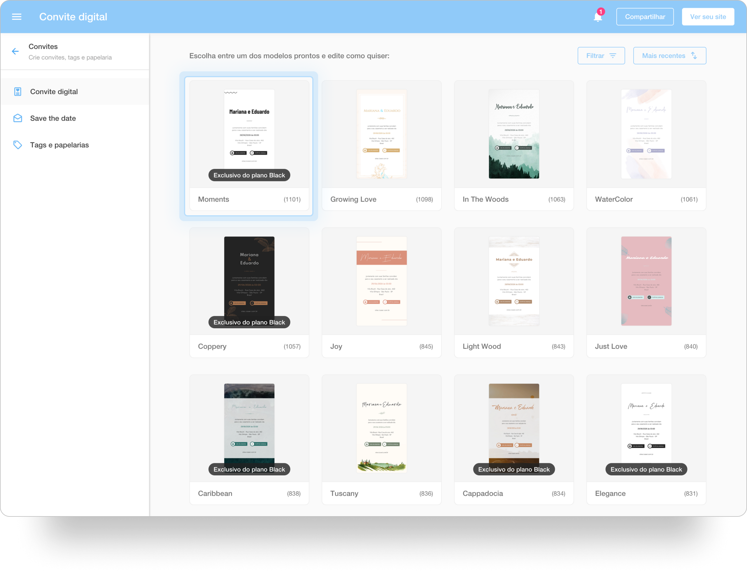 Tela do painel do Editor de convites do iCasei destacando a seleção de dos modelos de convites