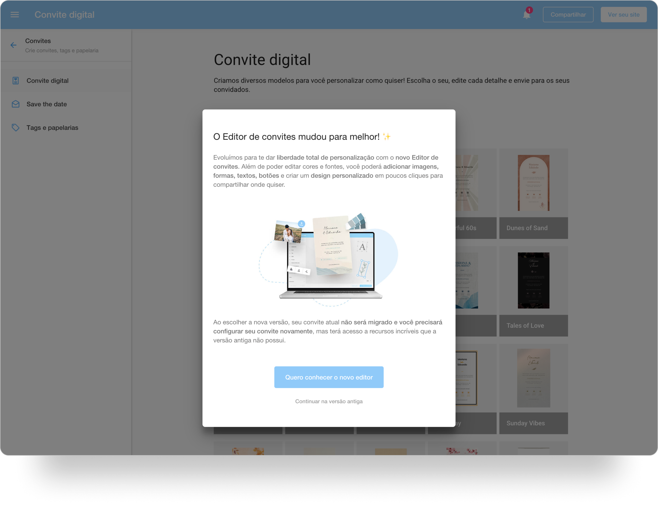 Tela apresentando um aviso da migração para o novo Editor de convites do iCasei