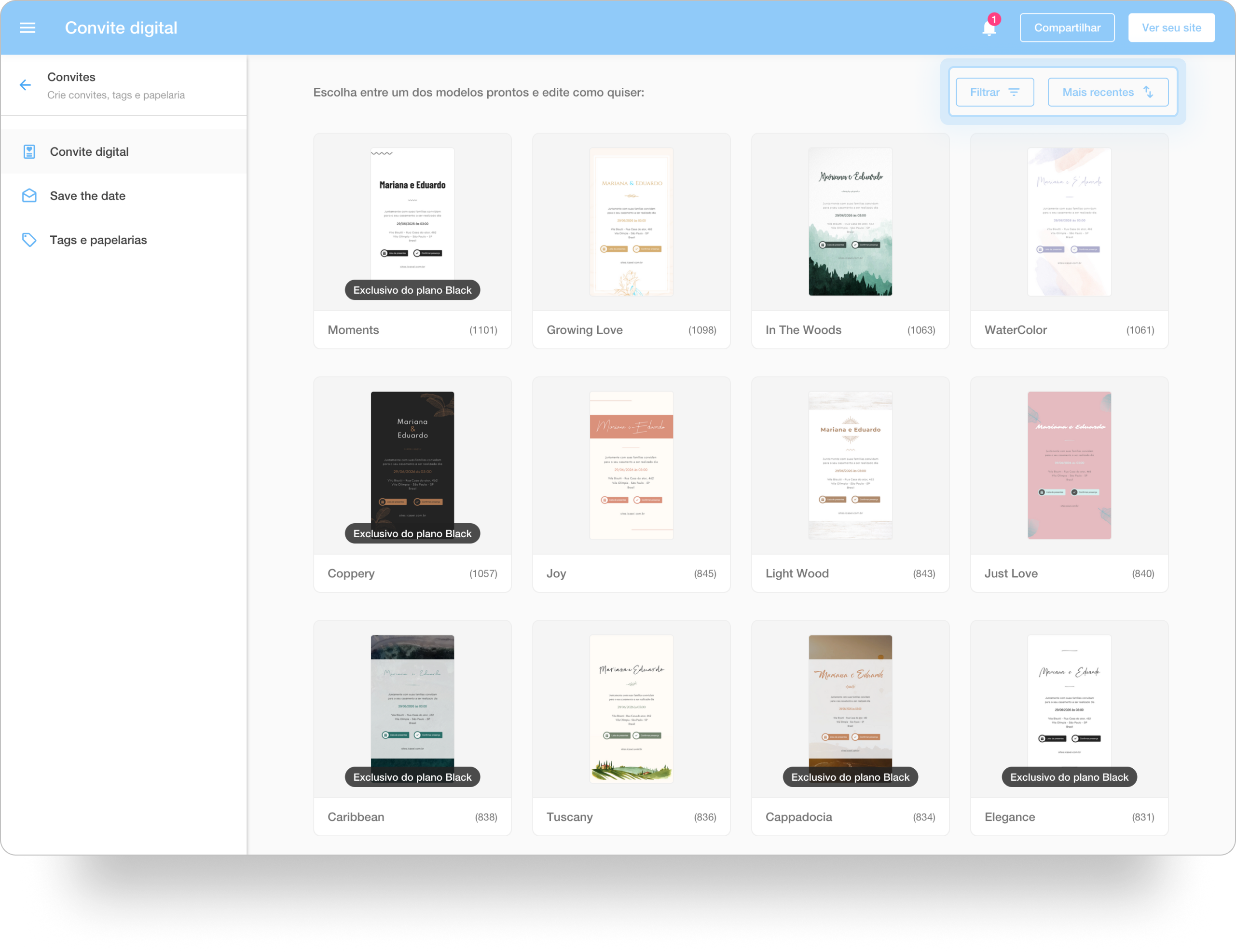 Tela do painel do Editor de convites do iCasei destacando os botões de filtrar e ordenar