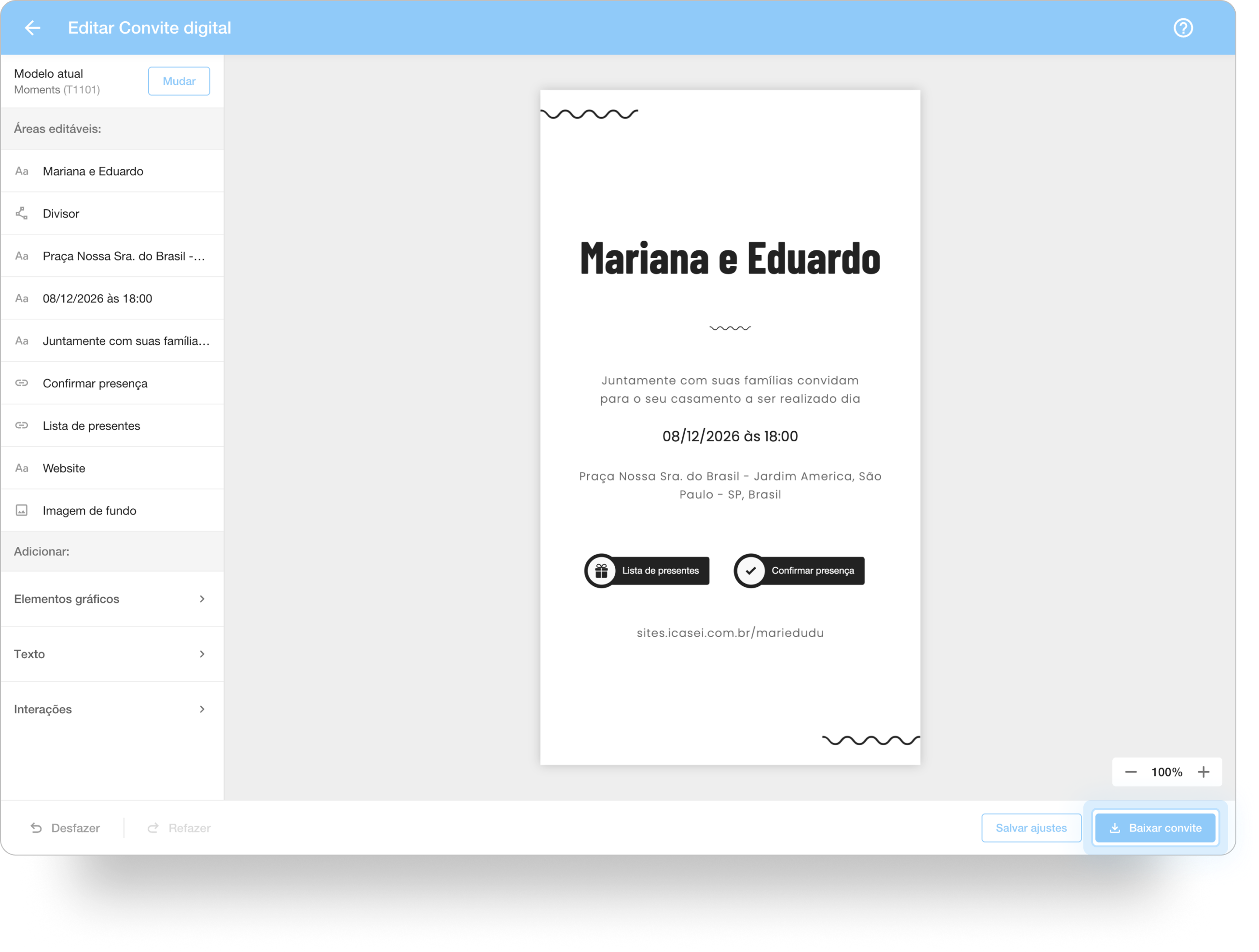 Tela na seção do Editor de convites do iCasei destacando o botão para baixar convite