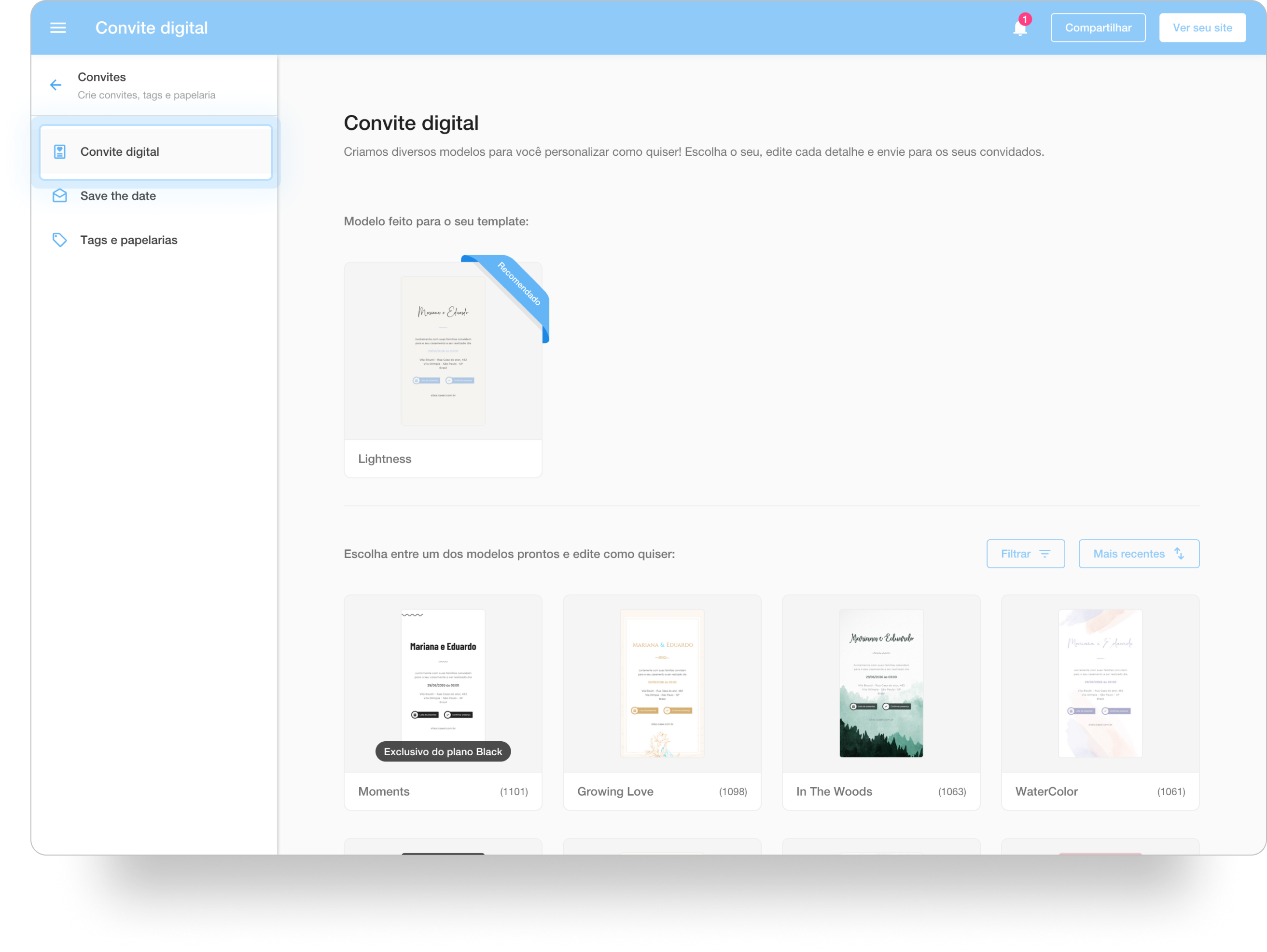 Tela da seção do novo Editor de convites do iCasei, com destaque para a seção de Convite digital