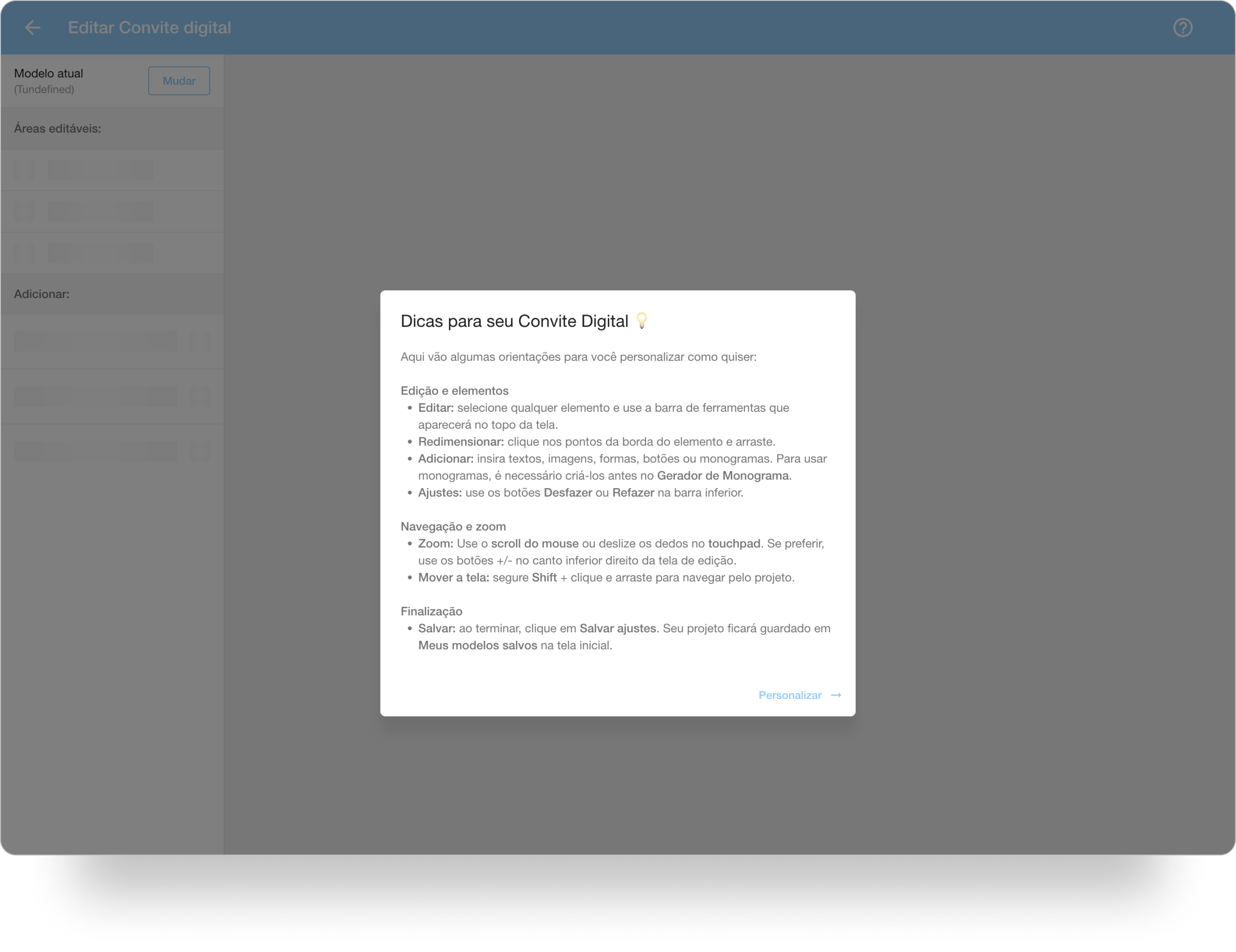 Tela com uma janela de dicas para o seu Convite digital