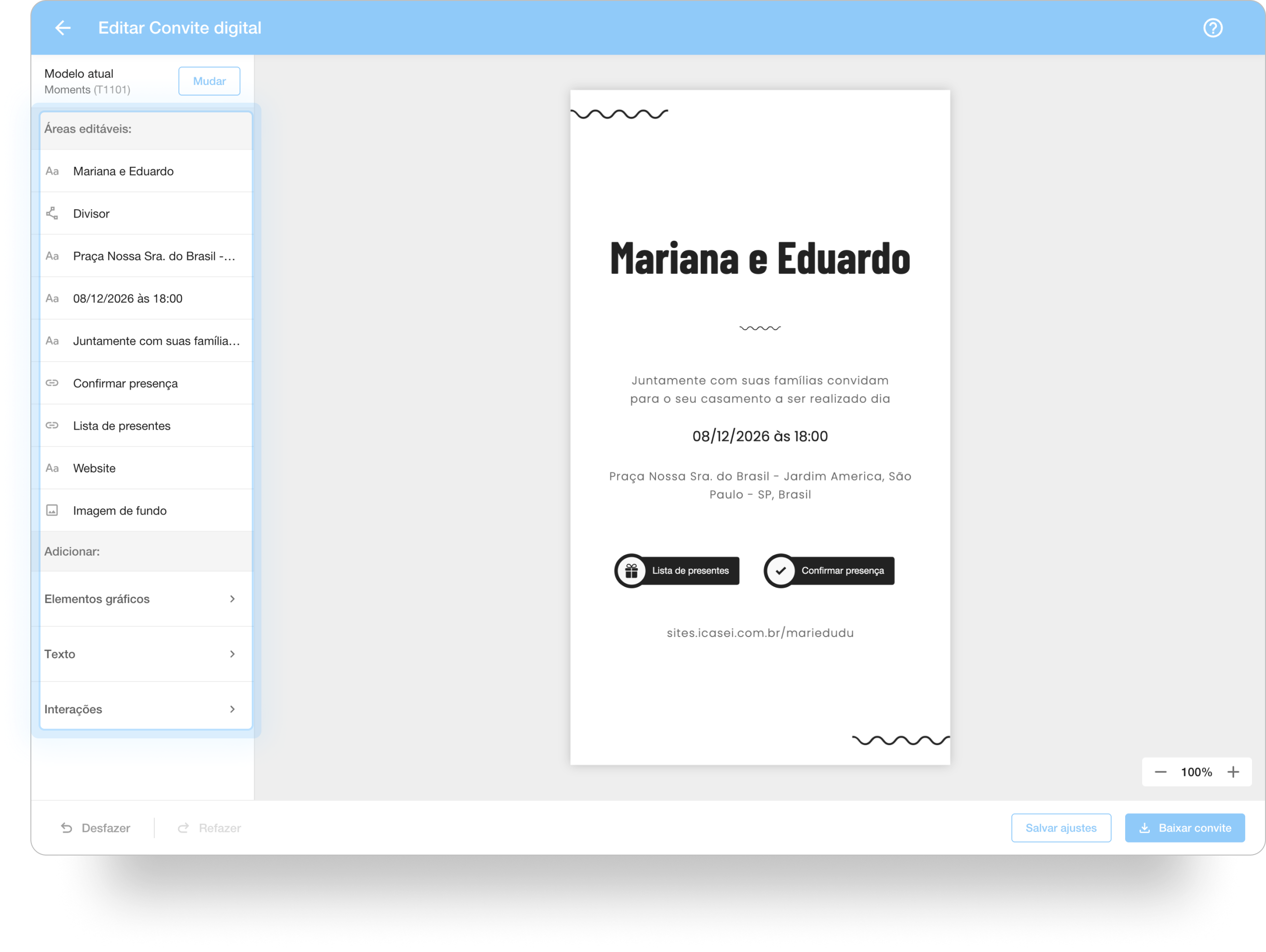 Tela na seção do Editor de convites do iCasei destacando o painel das áreas editáveis da ferramenta