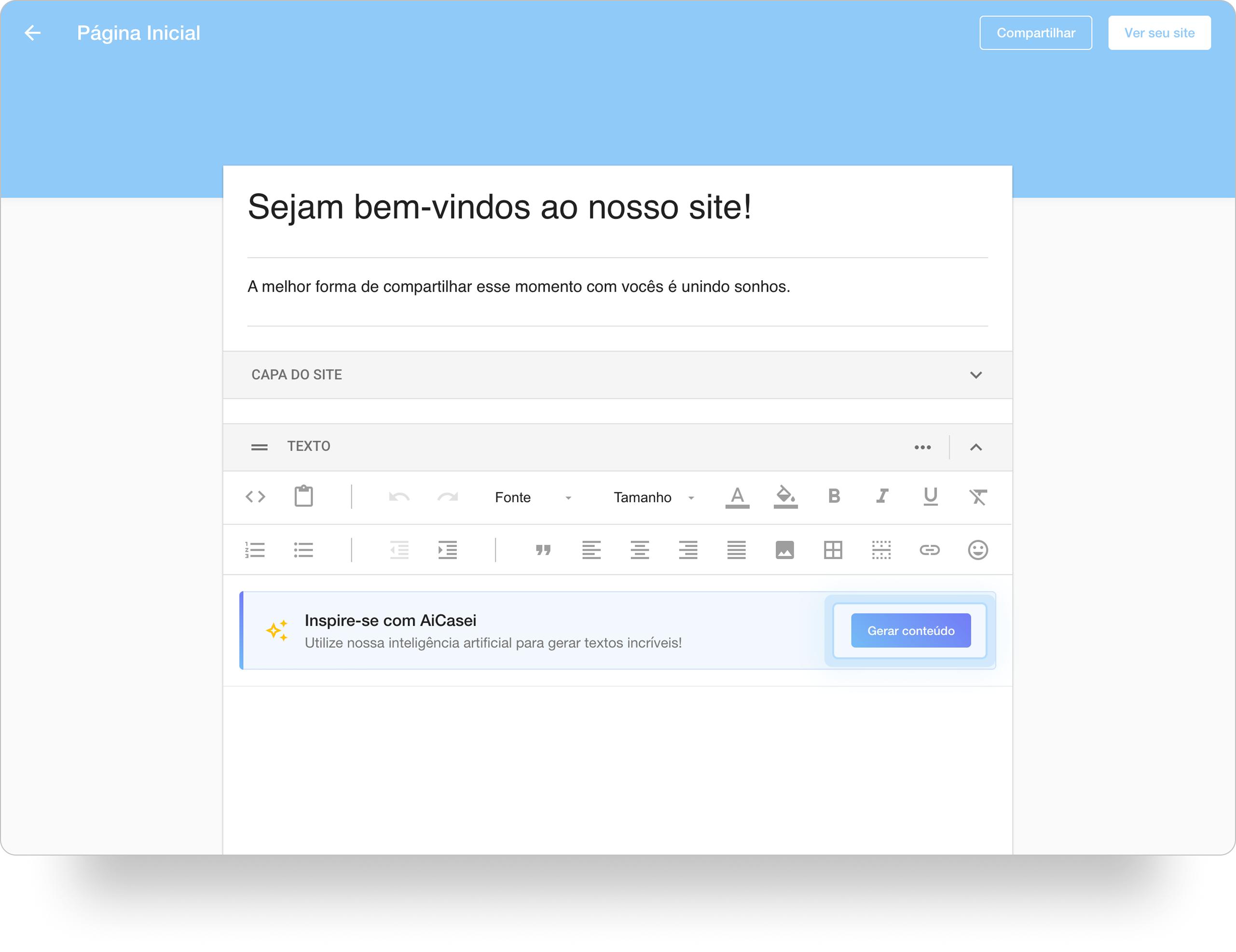 Tela do painel de controle, do módulo da Página inicial onde há destaque do botão Gerar conteúdo para criação de texto com a AiCasei