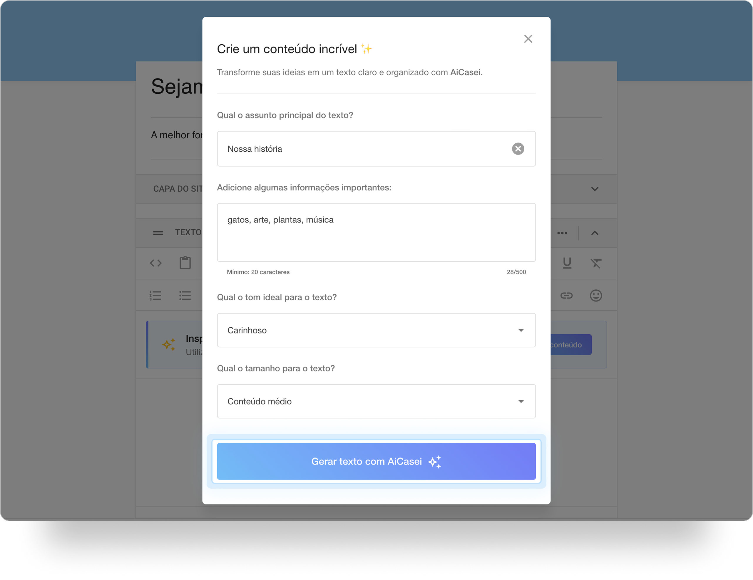 Caixa para preenchimento de informações para criar textos com a AiCasei