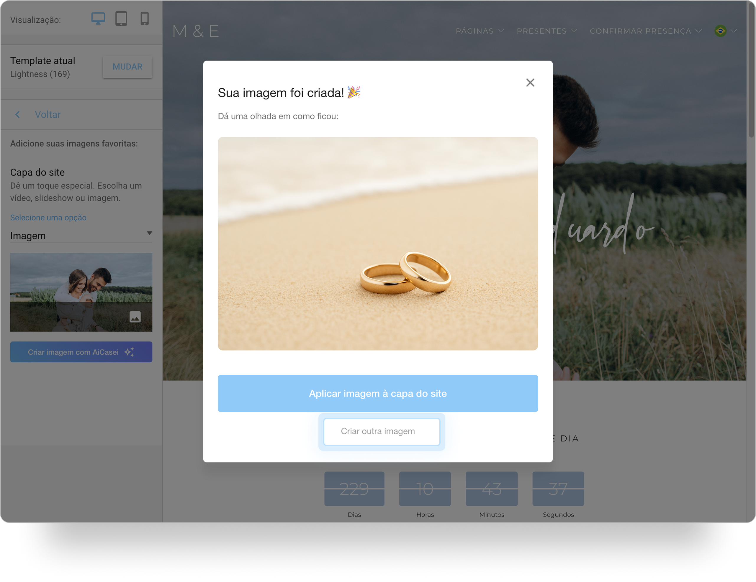 Pop-up Sua imagem foi criada! exibindo uma imagem de duas alianças de casamento na areia da praia, com os botões Aplicar imagem à capa do site e Criar outra imagem, este último em destaque.