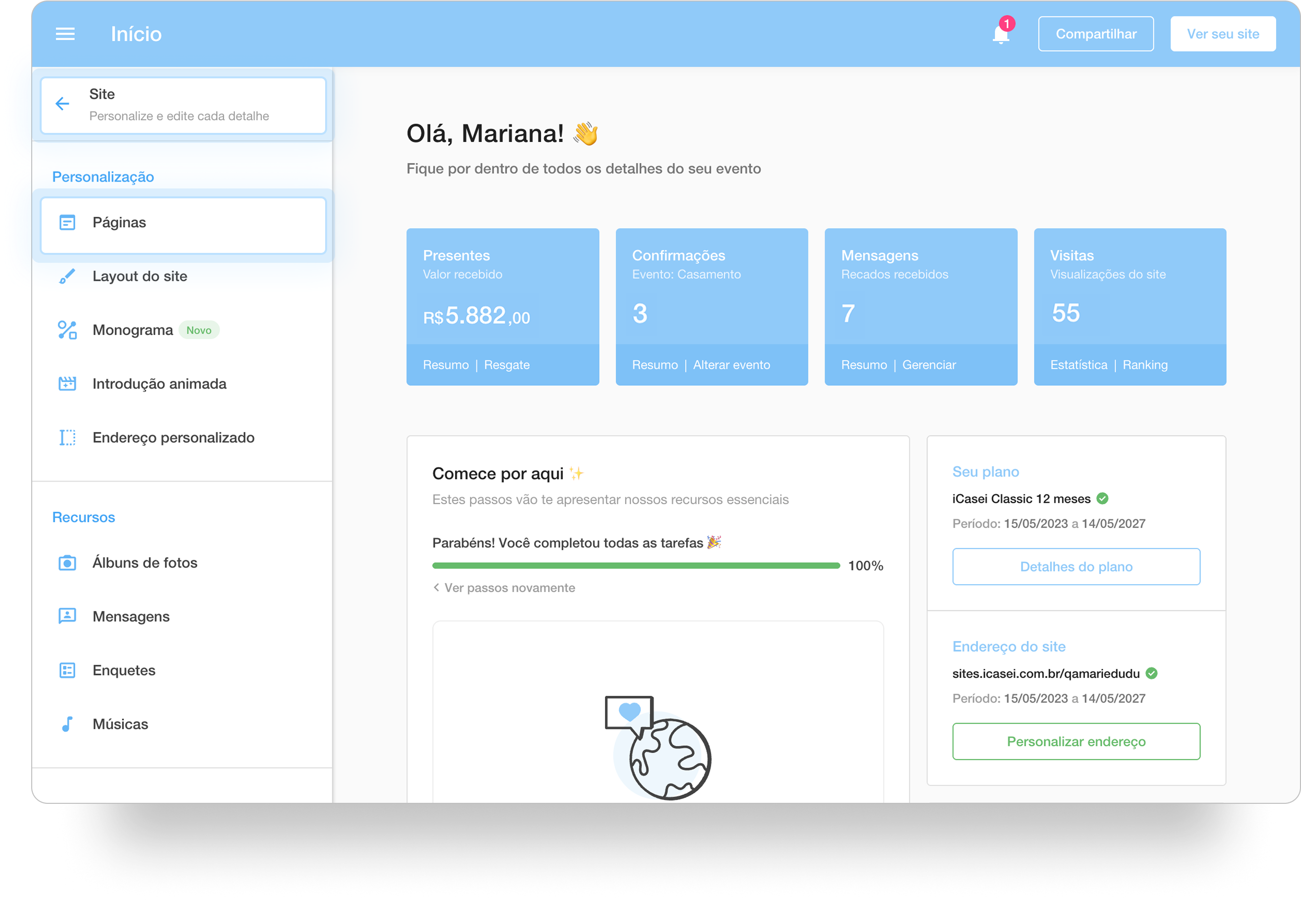 Tela inicial do painel de controle destacando o menu lateral para acessar a personalização do módulo de páginas do site de casamento iCasei