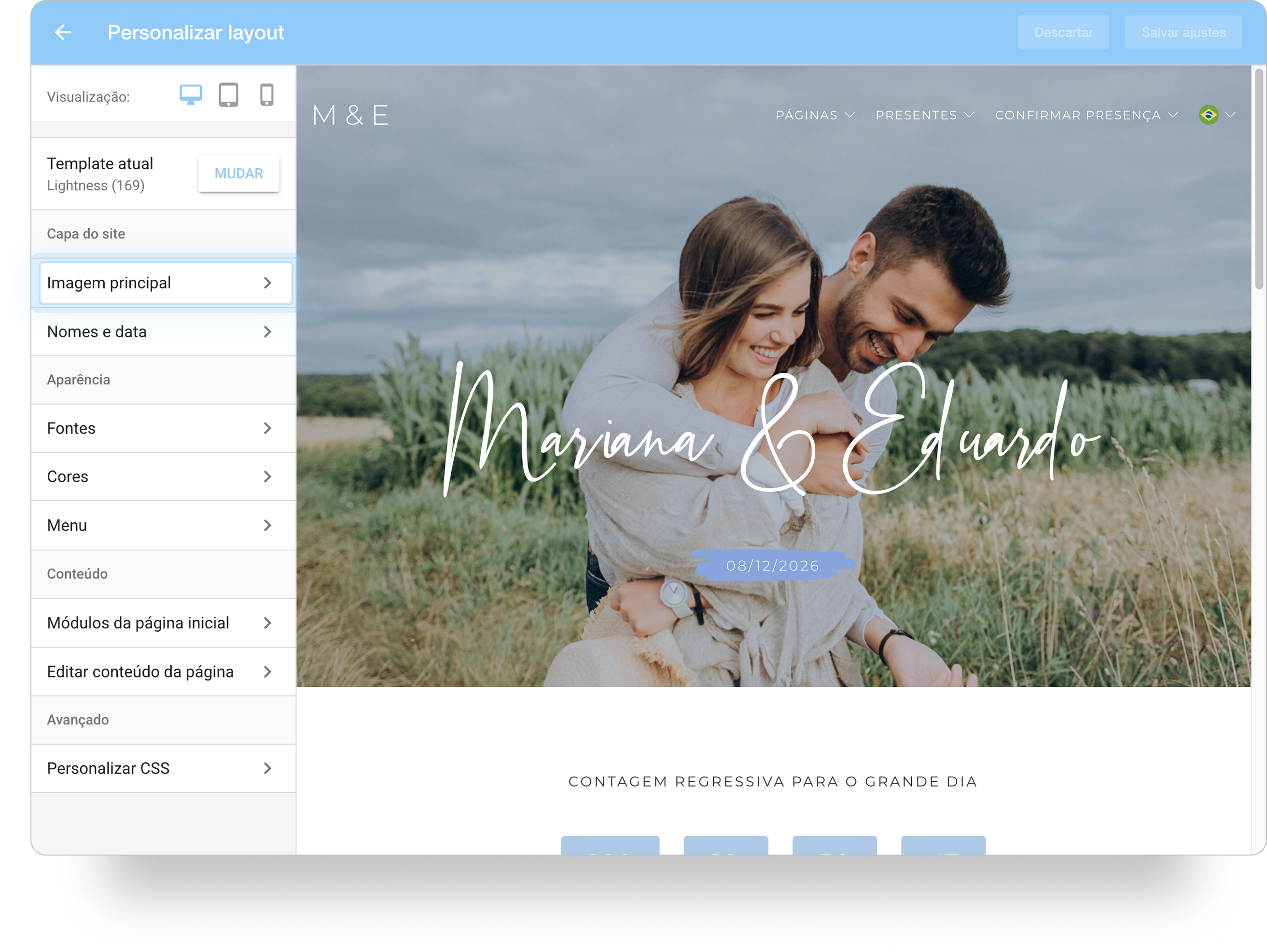 Tela de personalização do layout do iCasei, mostrando a opção 'Imagem principal' selecionada