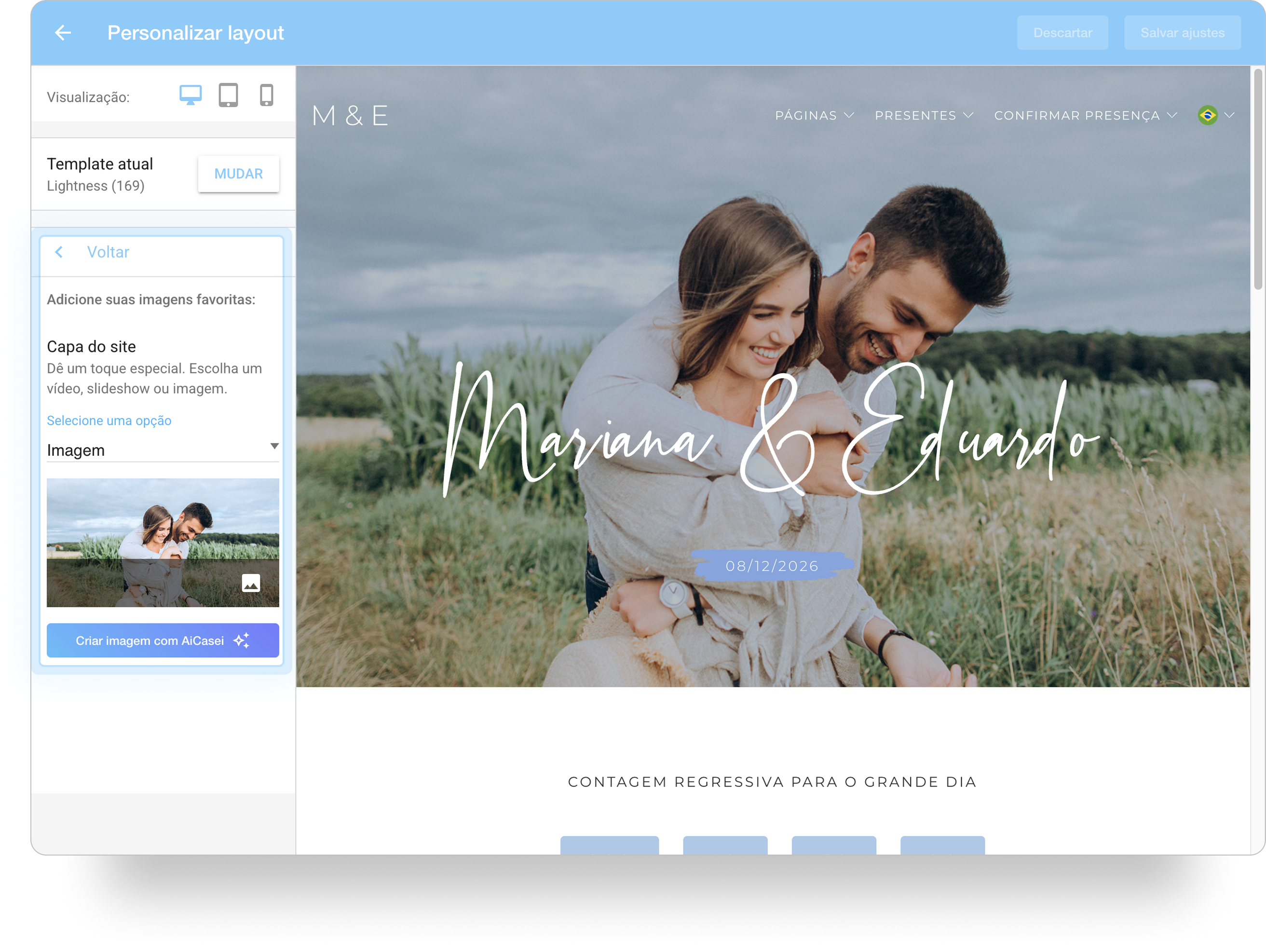 Tela de personalização do layout do iCasei, mostrando a opção 'Imagem' selecionada para a capa do site, com uma foto de casal como prévia.