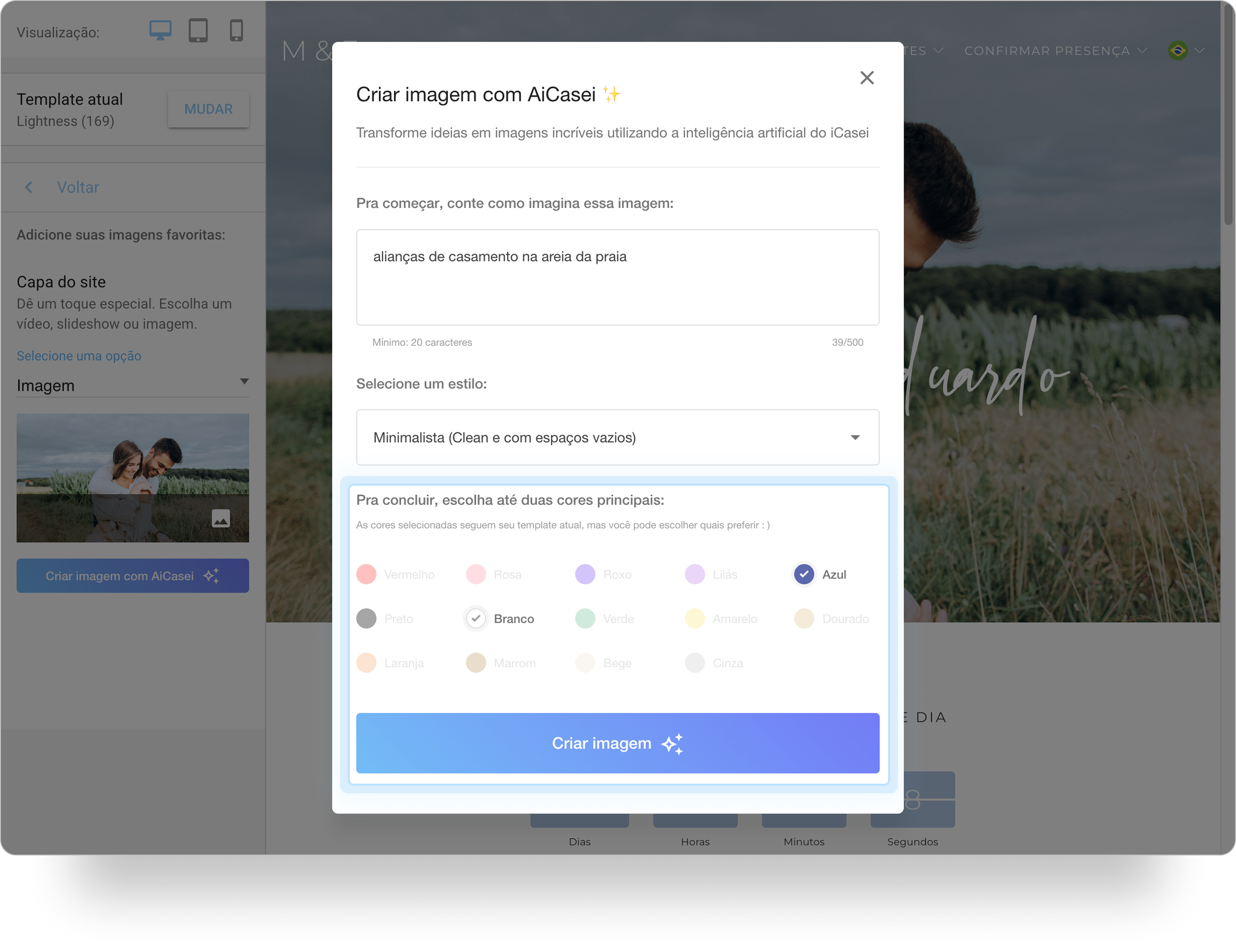 Pop-up Criar imagem com AiCasei mostrando o campo de texto preenchido com alianças de casamento na areia da praia, o estilo Minimalista selecionado e as cores Branco e Azul escolhidas.