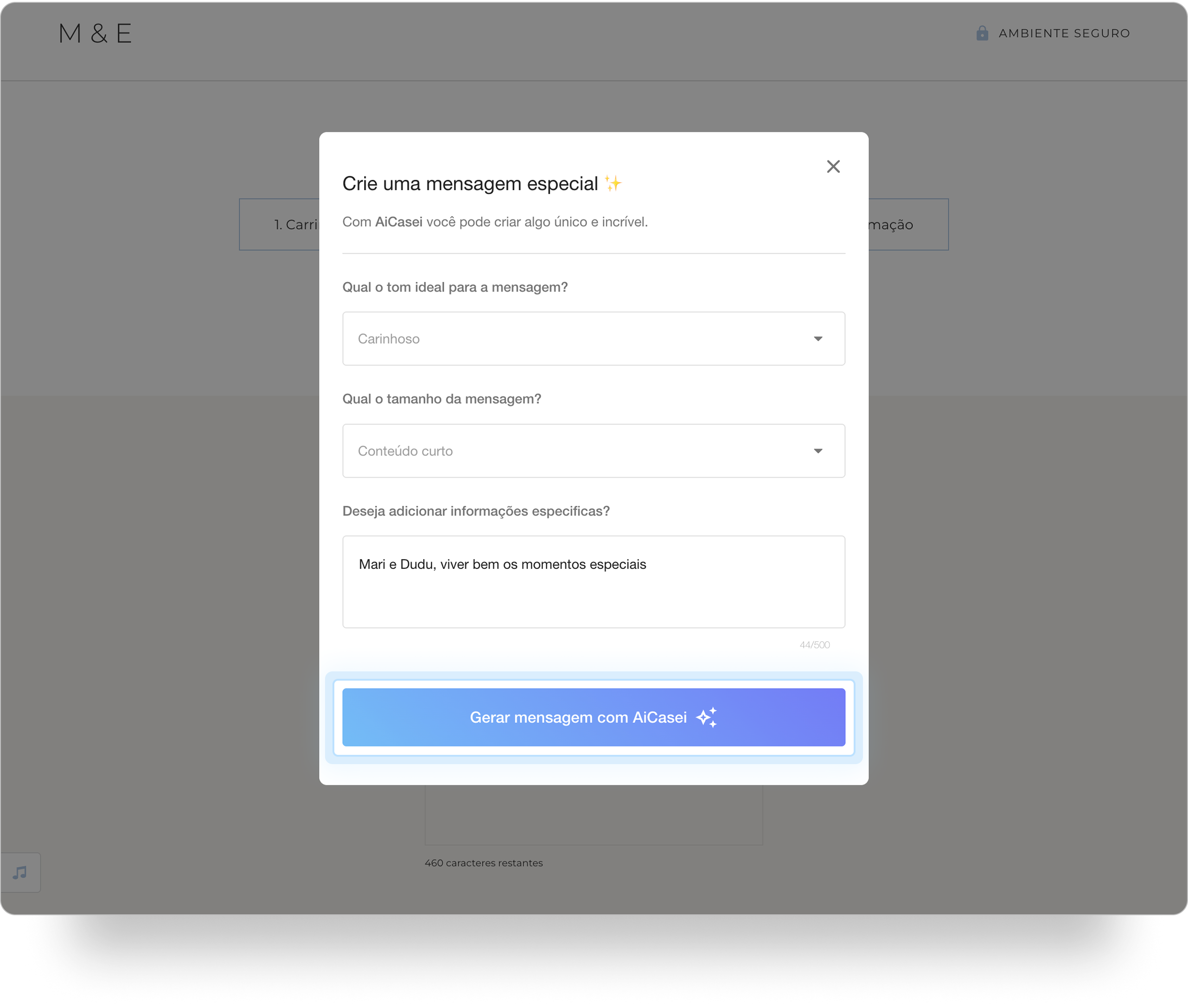 Pop-up Crie uma mensagem especial, exibindo as opções Qual o tom ideal para a mensagem?, Qual o tamanho da mensagem? e Deseja adicionar informações específicas?. O botão Gerar mensagem com AiCasei está em destaque