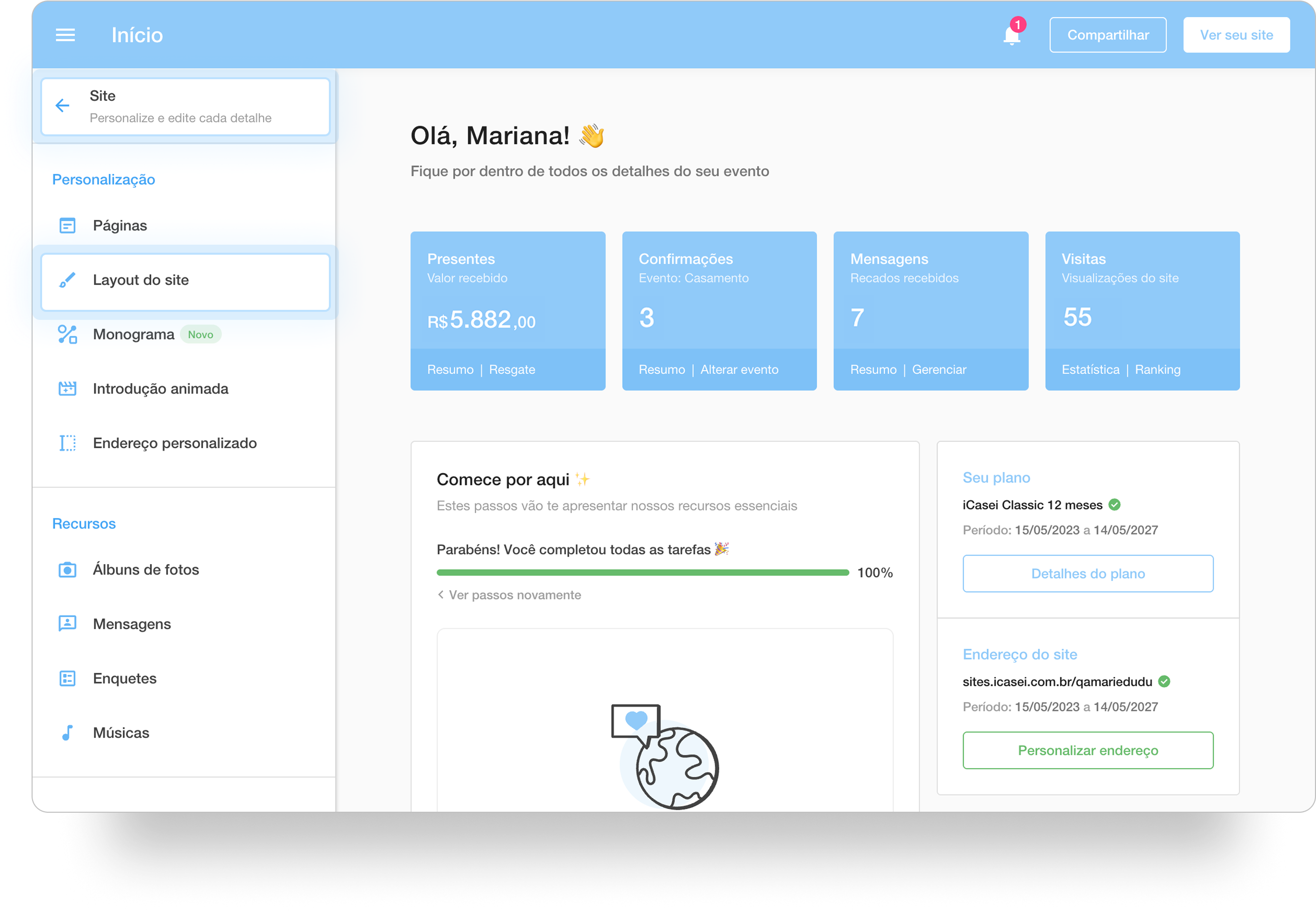 Painel de controle do iCasei, com o menu lateral esquerdo visível e a opção Layout do site em destaque. No centro, o painel exibe um resumo do evento, incluindo valor recebido em presentes, confirmações, mensagens e visitas ao site