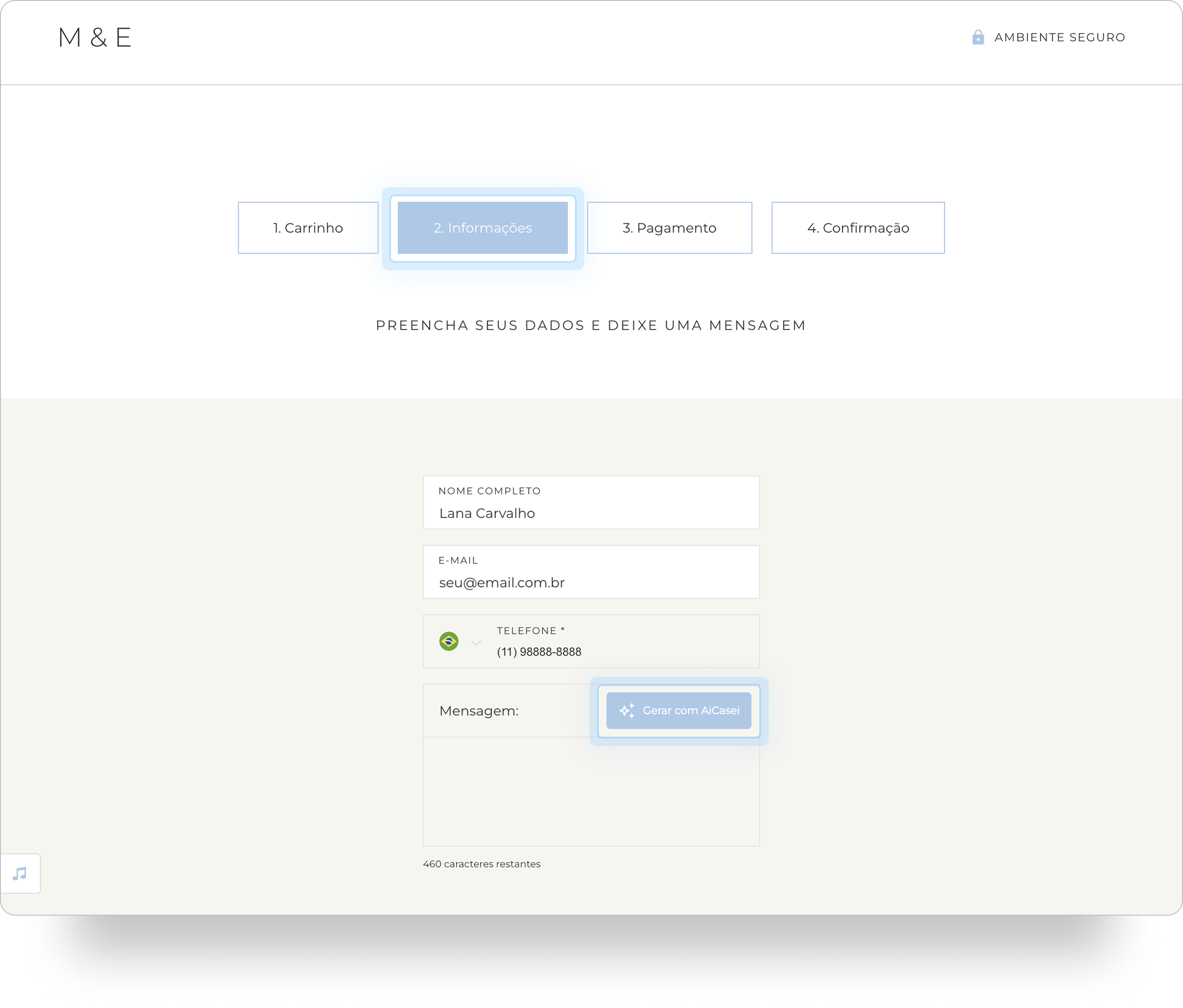 Tela de informações de compra do iCasei, na etapa 2. Informações. O campo Mensagem está visível, com o botão Gerar com AiCasei em destaque.