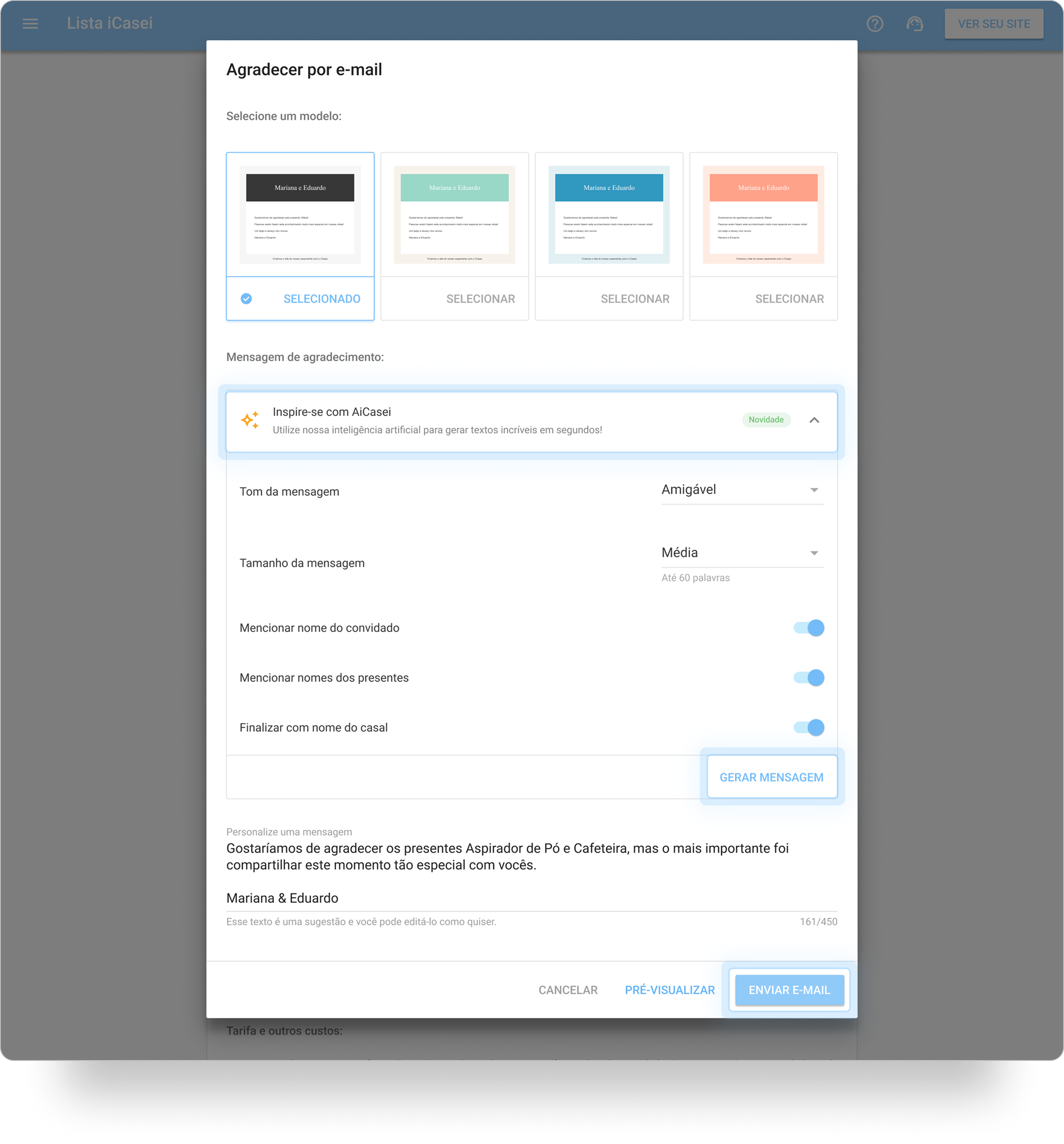 Tela Agradecer por e-mail no iCasei, com seleção de modelo e a seção Inspire-se com AiCasei em destaque.
Configurações de tom e tamanho visíveis, com o botão Gerar mensagem em destaque e o botão Enviar e-mail ao final