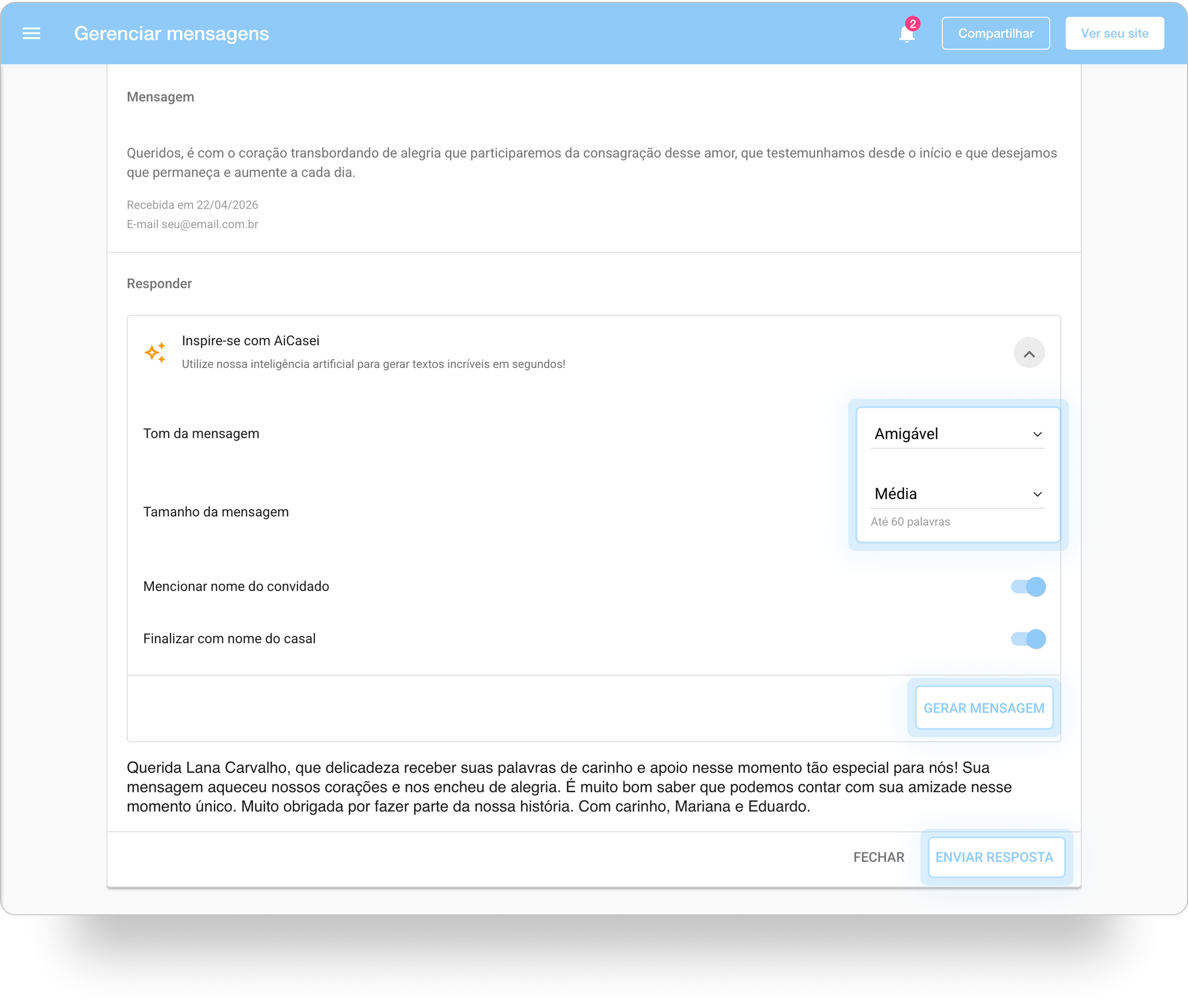 Tela Gerenciar mensagens com a seção Inspire-se com AiCasei expandida, com os campos de tom e tamanho da mensagem em destaque e o botão Gerar mensagem em destaque