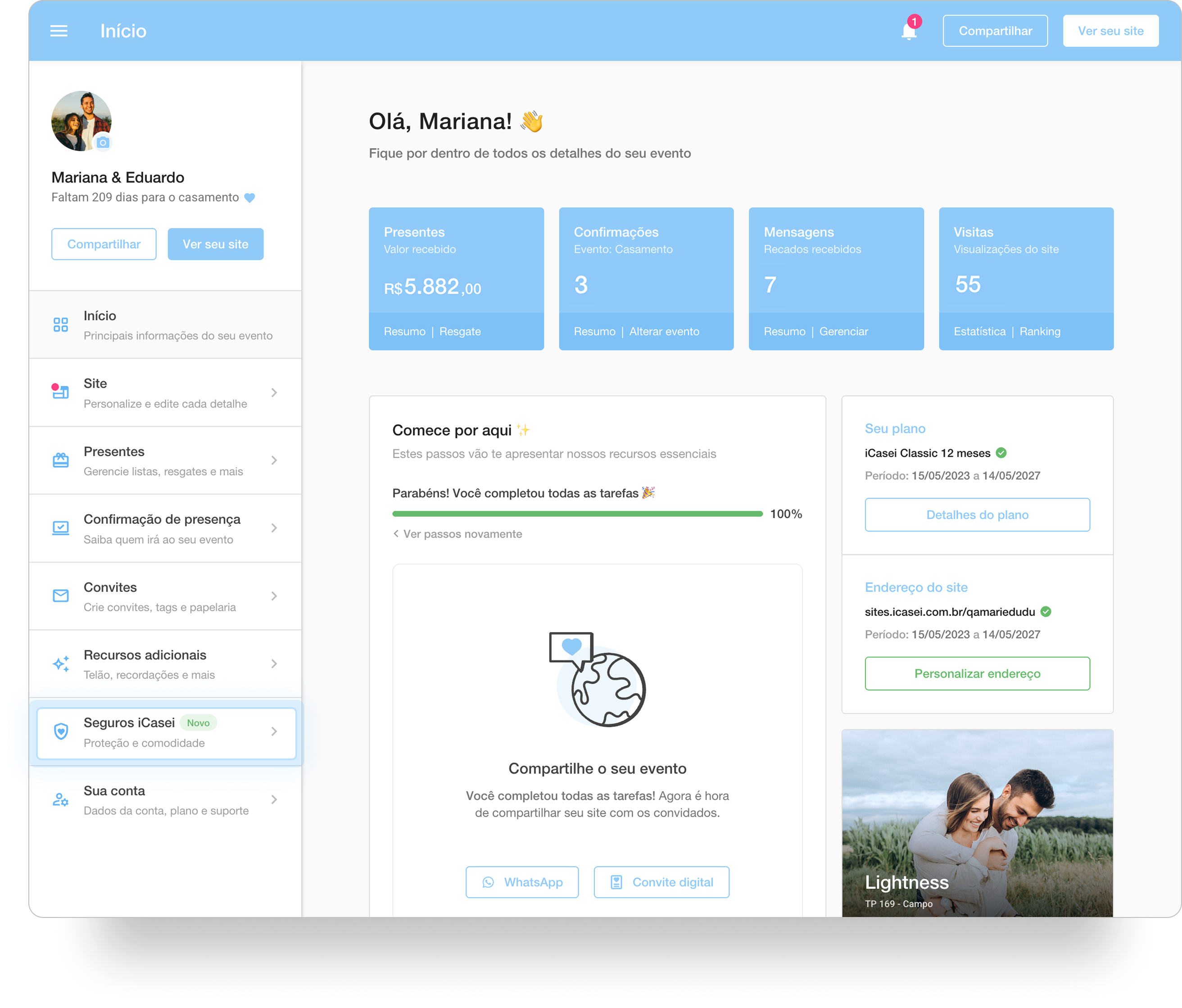 Painel de controle do iCasei, com a opção 