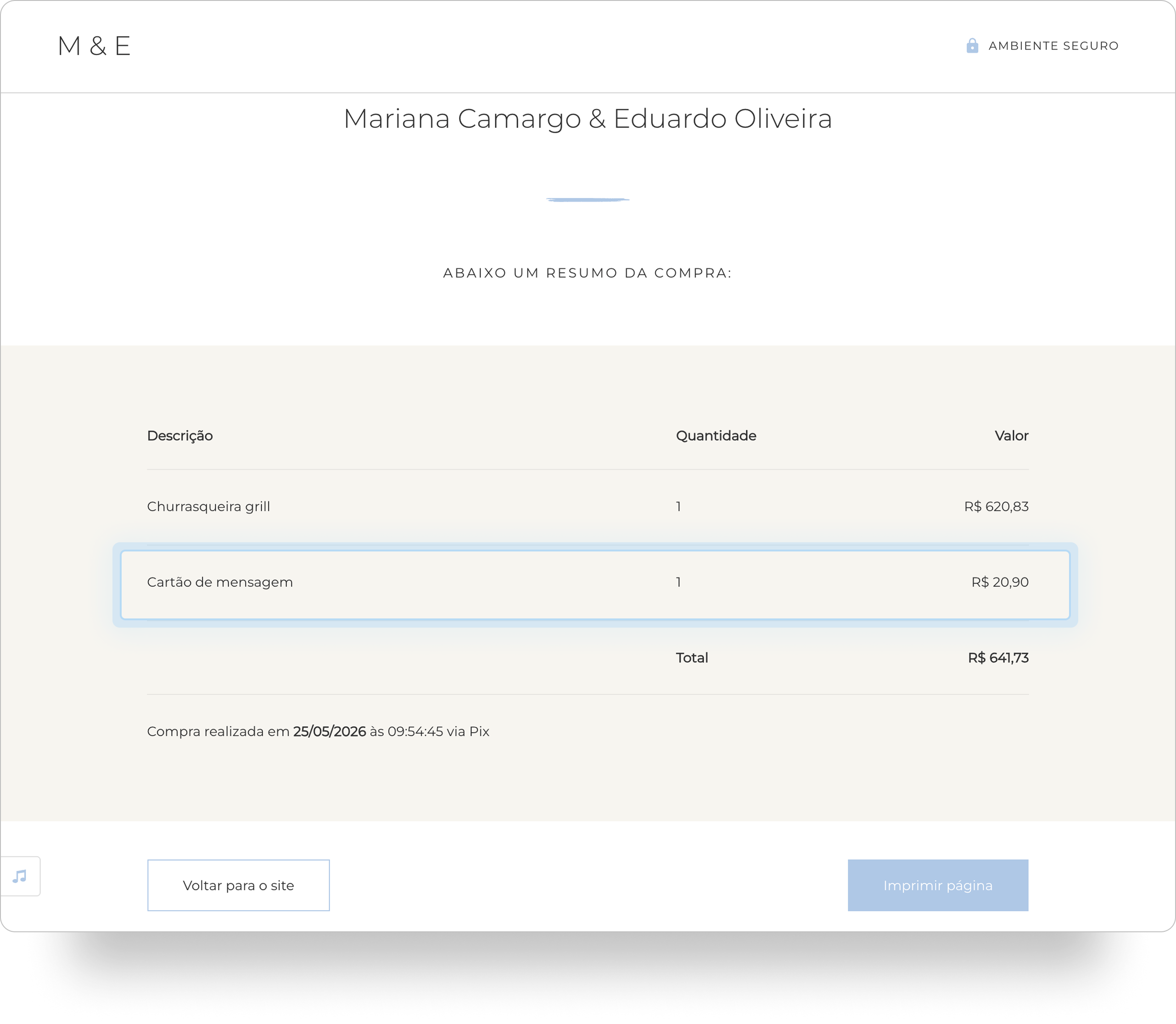 Página de resumo de compra para Mariana Camargo & Eduardo Oliveira. O item cartão de mensagem está destacado, e o total da compra é R$ 641,73.