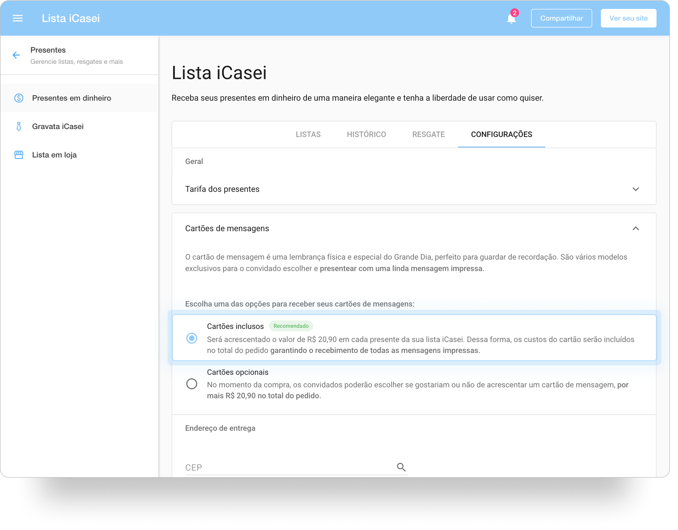 Página Lista iCasei com a aba configurações selecionada. A opção cartões opcionais na seção cartões de mensagens está destacada e ativada.