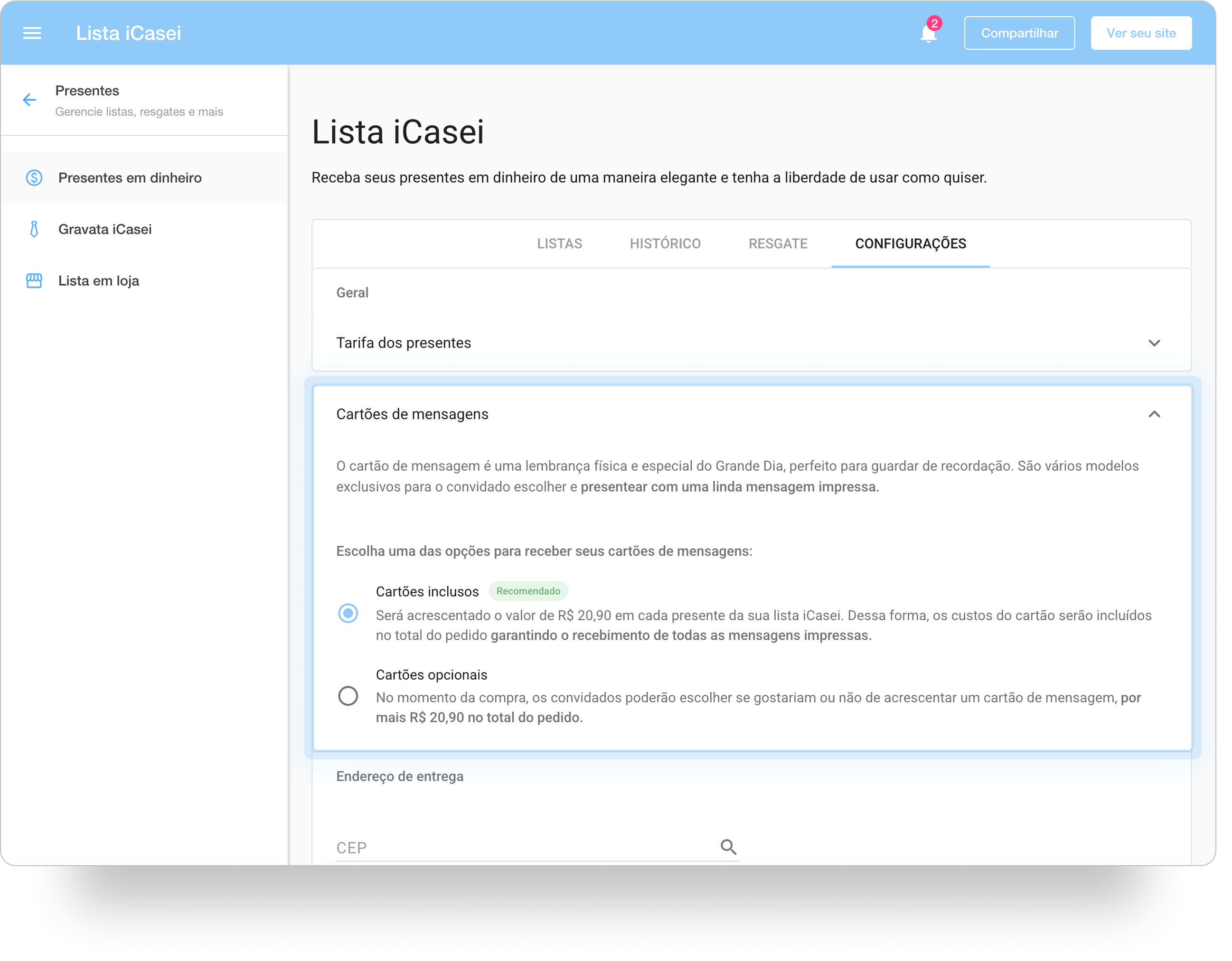 Página lista iCasei com a aba configurações selecionada. Na seção cartões de mensagens, a opção cartões inclusos (recomendado) está selecionada, indicando que R$ 20,90 será adicionado ao valor do presente.