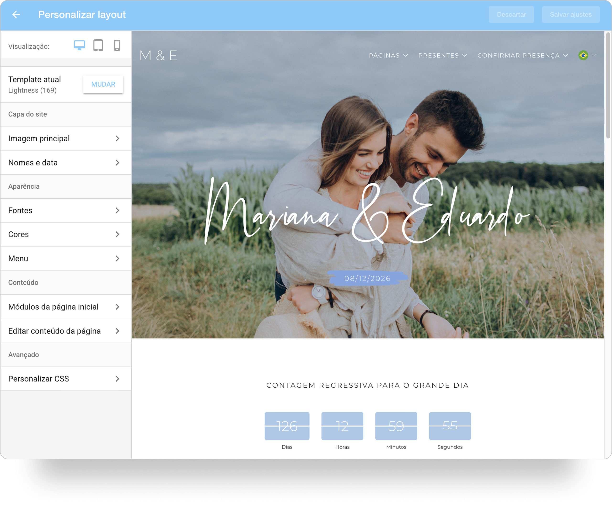 Captura de tela da seção Personalizar layout com o menu lateral mostrando as opções para edição.
