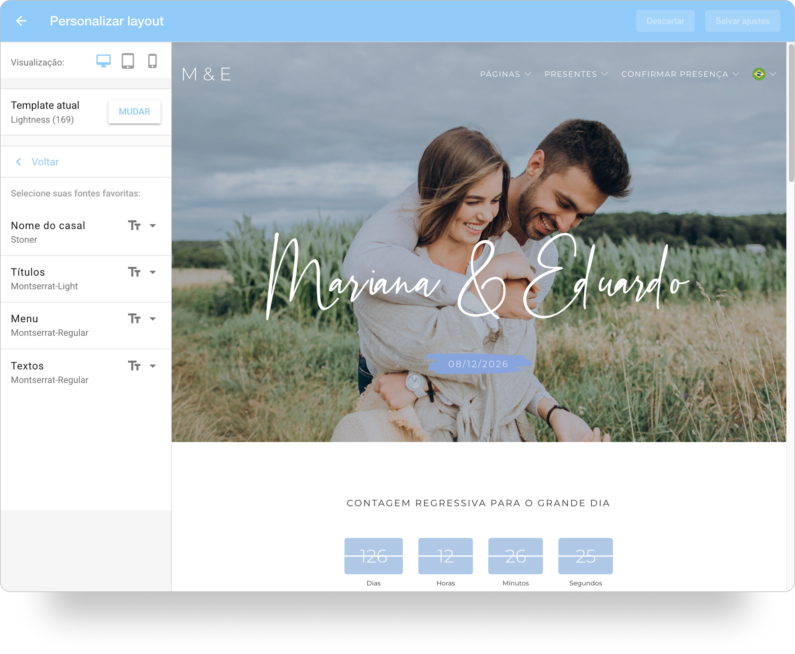 Captura de tela da seção Personalizar layout, mostrando a edição de fontes no menu lateral esquerdo.