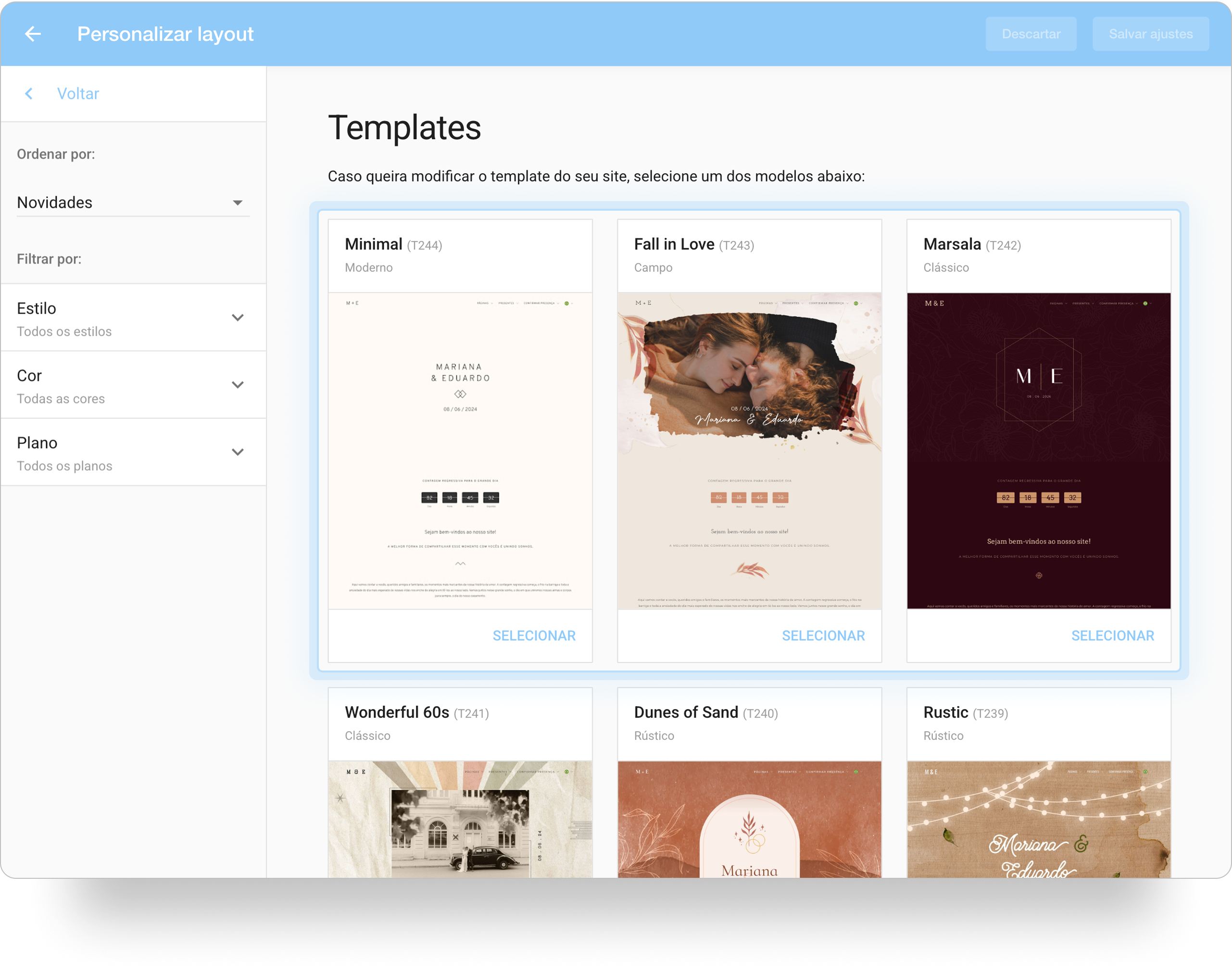 Captura de tela da seção Personalizar layout destacando as três primeiras opções de templates no centro da tela.