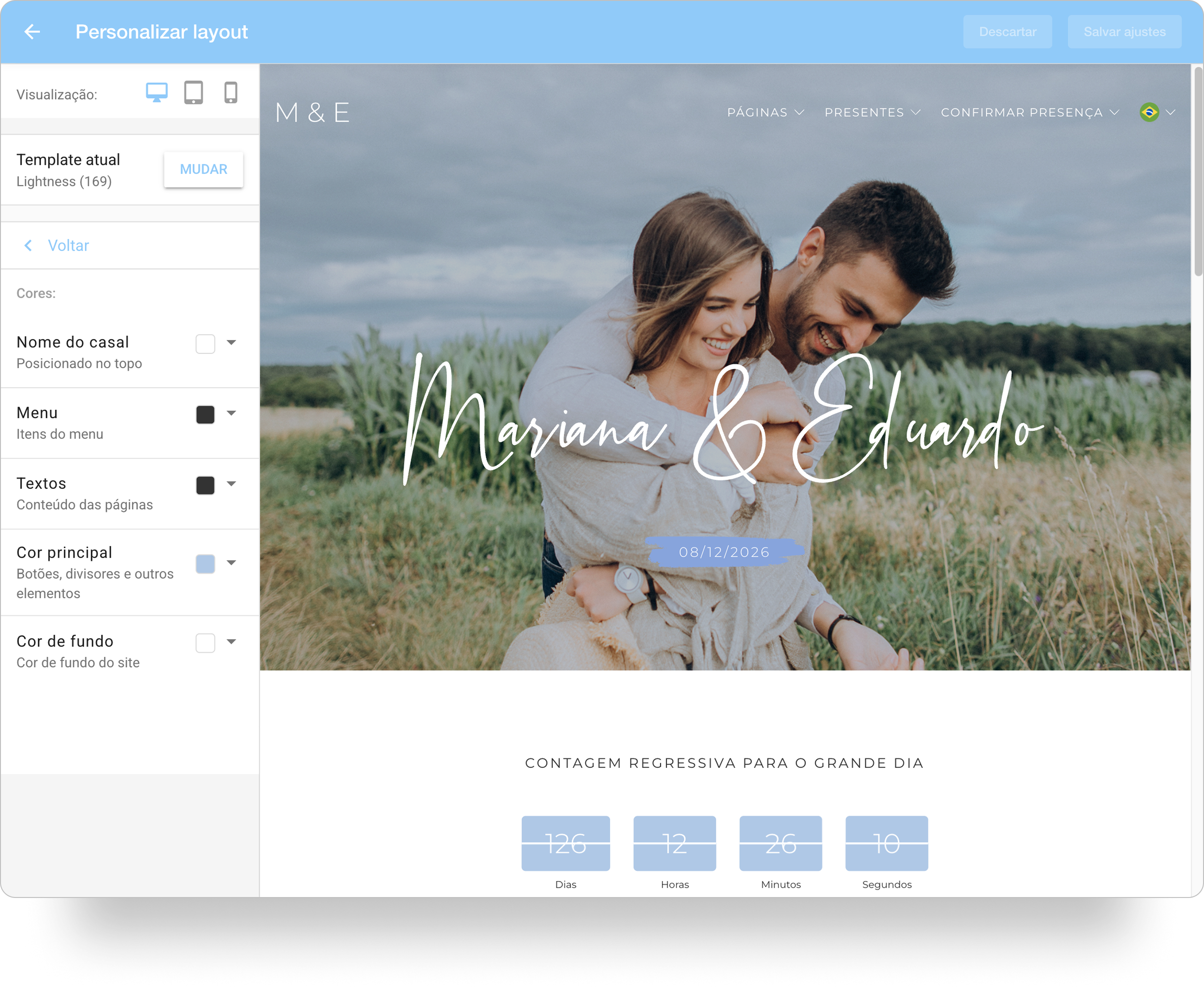 Captura de tela da seção Personalizar layout, mostrando a edição de cores (itens do menu, dos botões, conteúdos das páginas, fundo site, nome do casal) no menu lateral esquerdo.