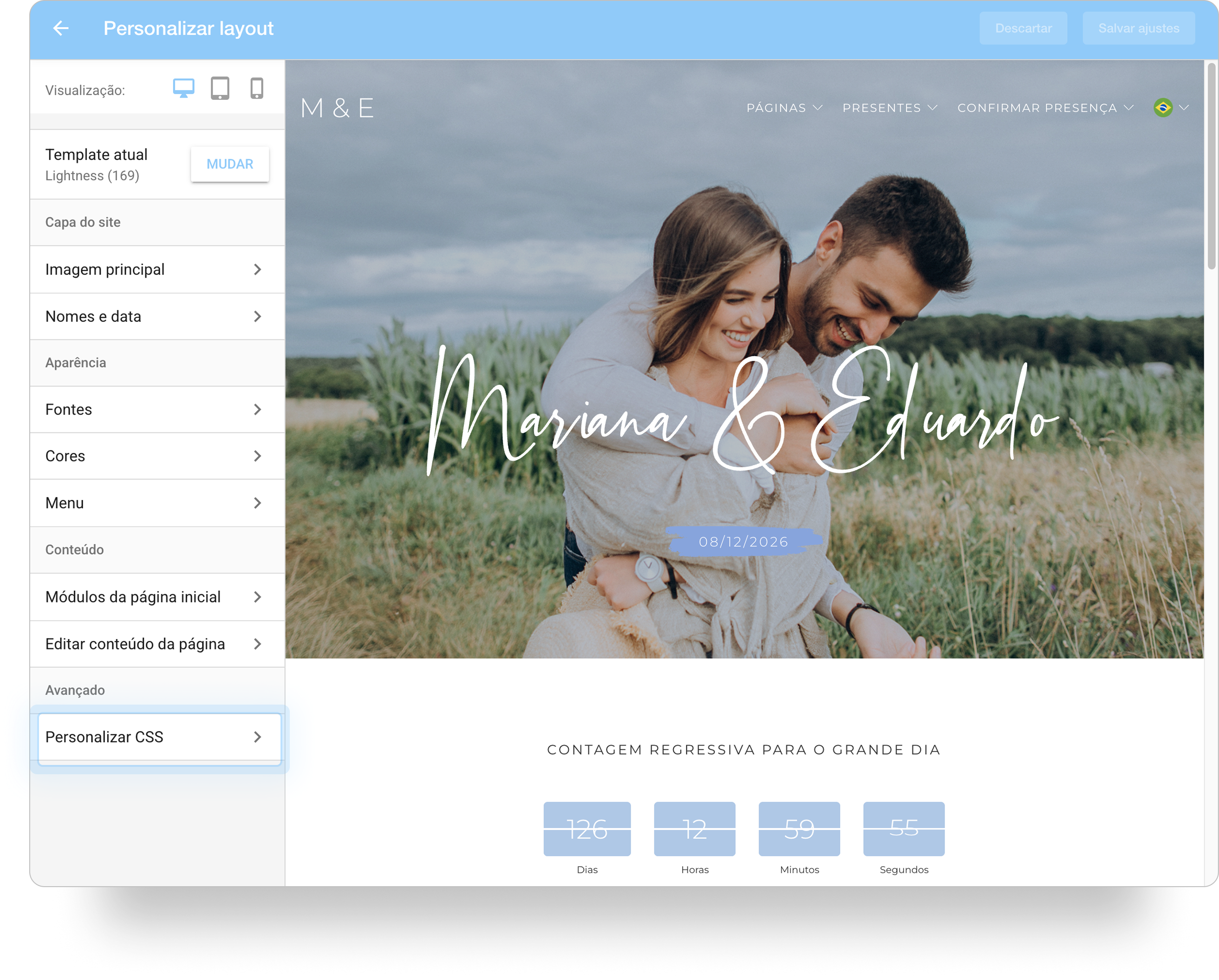 Captura de tela da seção Personalizar layout, com destaque para a seção Avançado e Personalizar CSS.