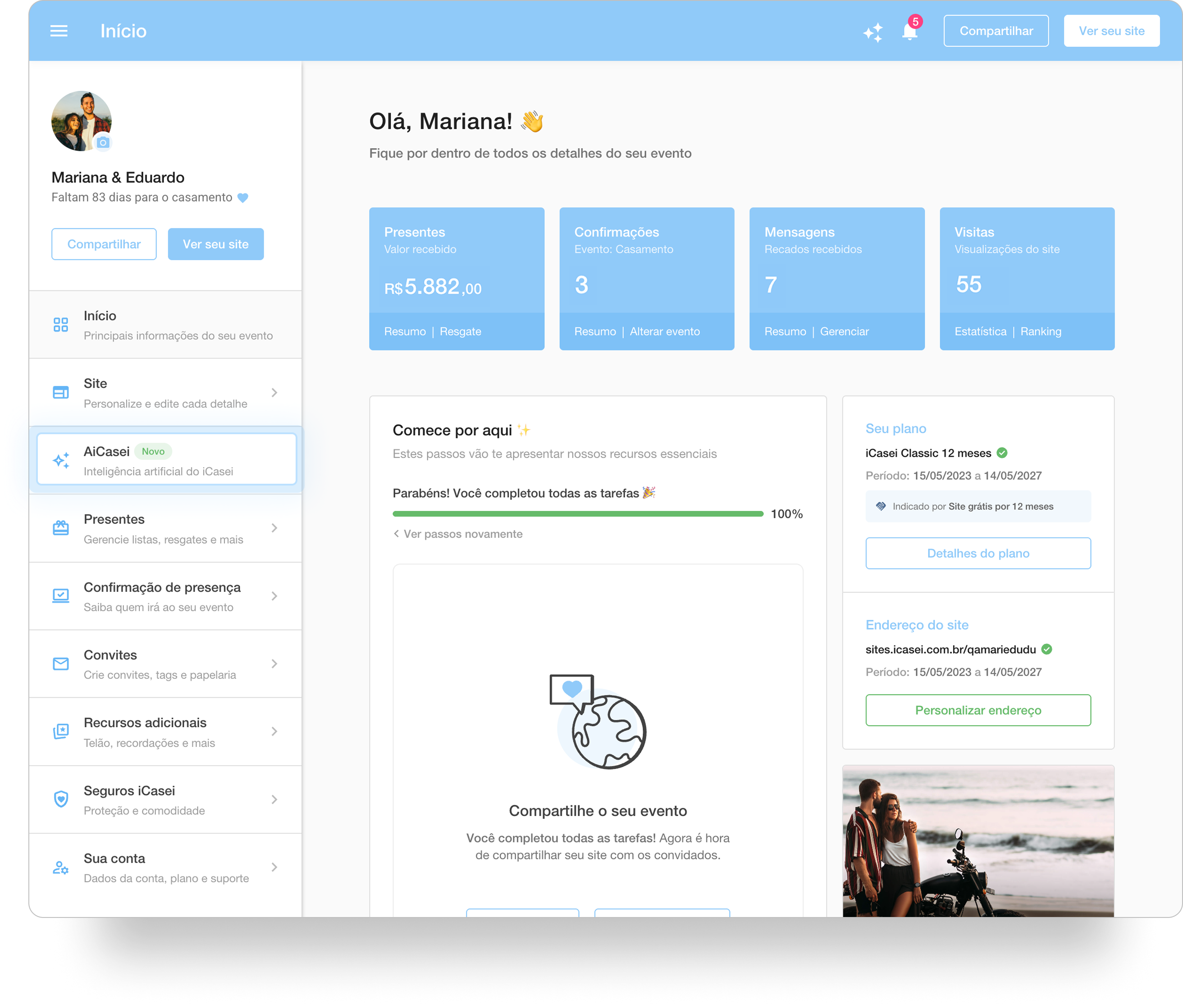 Captura de tela do painel mostrando do lado esquerdo o menu principal do evento, e no centro o resumo inicial com estatísticas, progresso de tarefas e informações do plano.