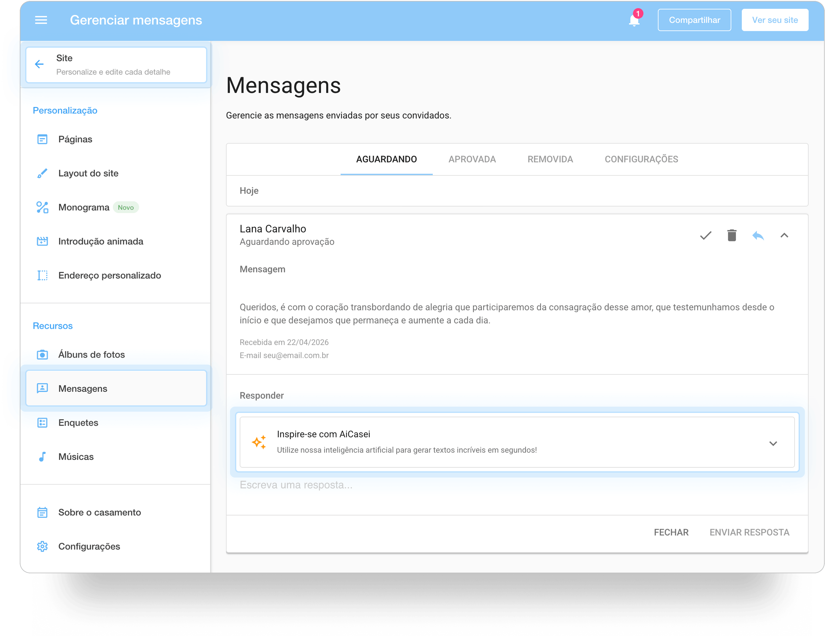 Tela do painel para gerenciar as mensagens recebidas dos convidados e que pode usar a AiCasei para  gerar os textos de agradecimento