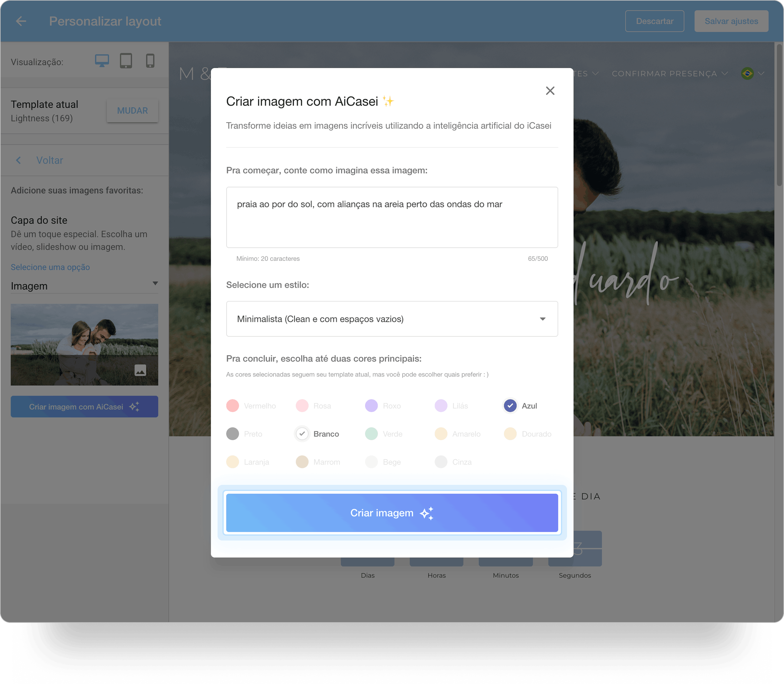 Captura de tela do painel mostrando do lado esquerdo opções de layout, e no centro o pop-up 'Criar imagem com AiCasei 'com uma descrição de cenário de praia preenchida, estilo 