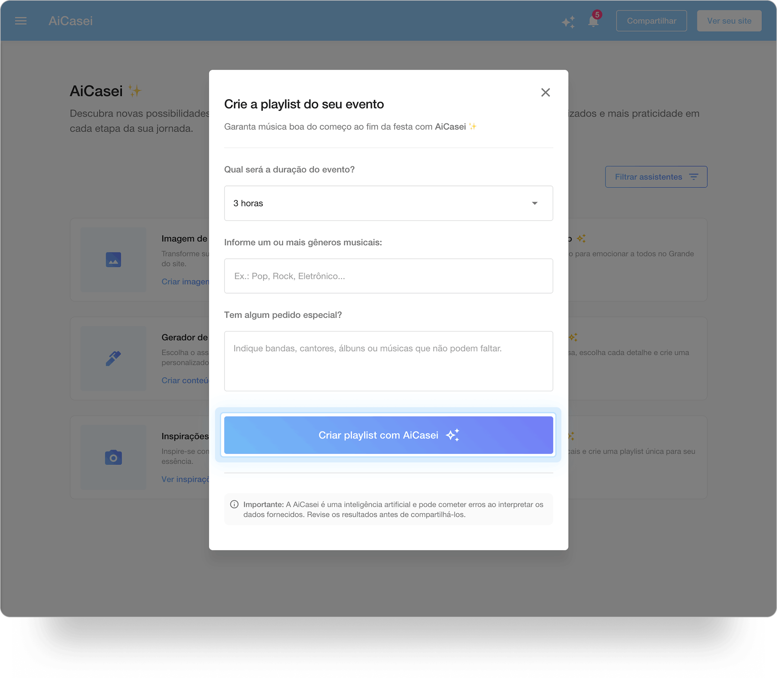 Captura de tela do painel mostrando no centro o pop-up 'Crie a playlist do seu evento', contendo menus e campos para definir a duração da festa, gêneros musicais, pedidos especiais e o botão para criar a playlist.