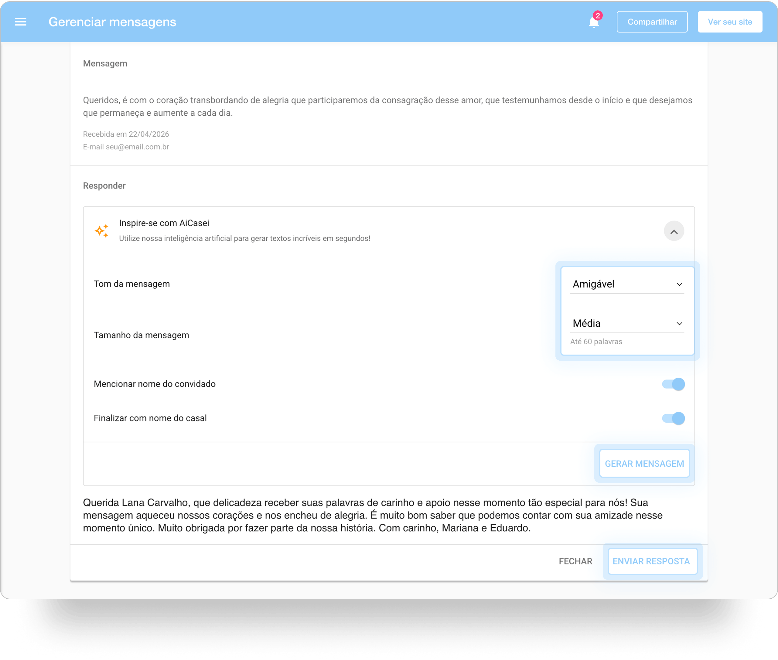 Tela Gerenciar mensagens do iCasei, mostrando a seção Responder mensagem dos convidados com a opção Inspire-se com AiCasei expandida. As opções Tom da mensagem, Tamanho da mensagem, Mencionar nome do convidado e Finalizar com nome do casal estão visíveis, com o botão Gerar Mensagem em destaque