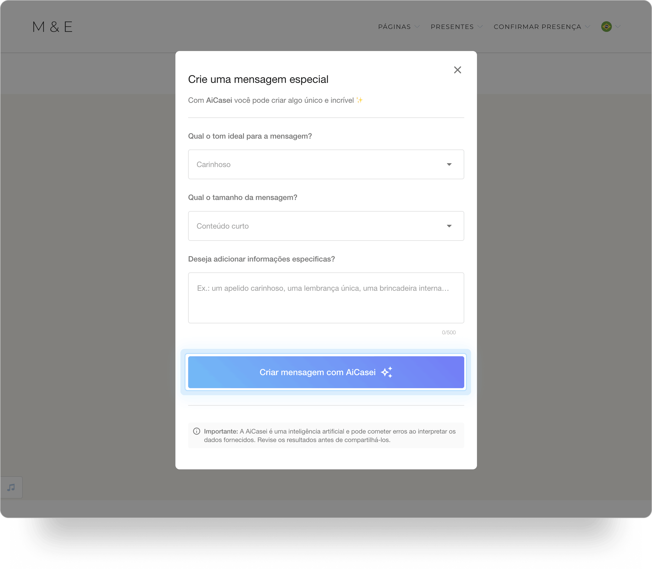 Captura de tela do site de casamento mostrando no centro o pop-up 'Crie uma mensagem especial', com menus para definir o tom e o tamanho do texto, campo de texto para informações específicas e o botão para criar a mensagem.