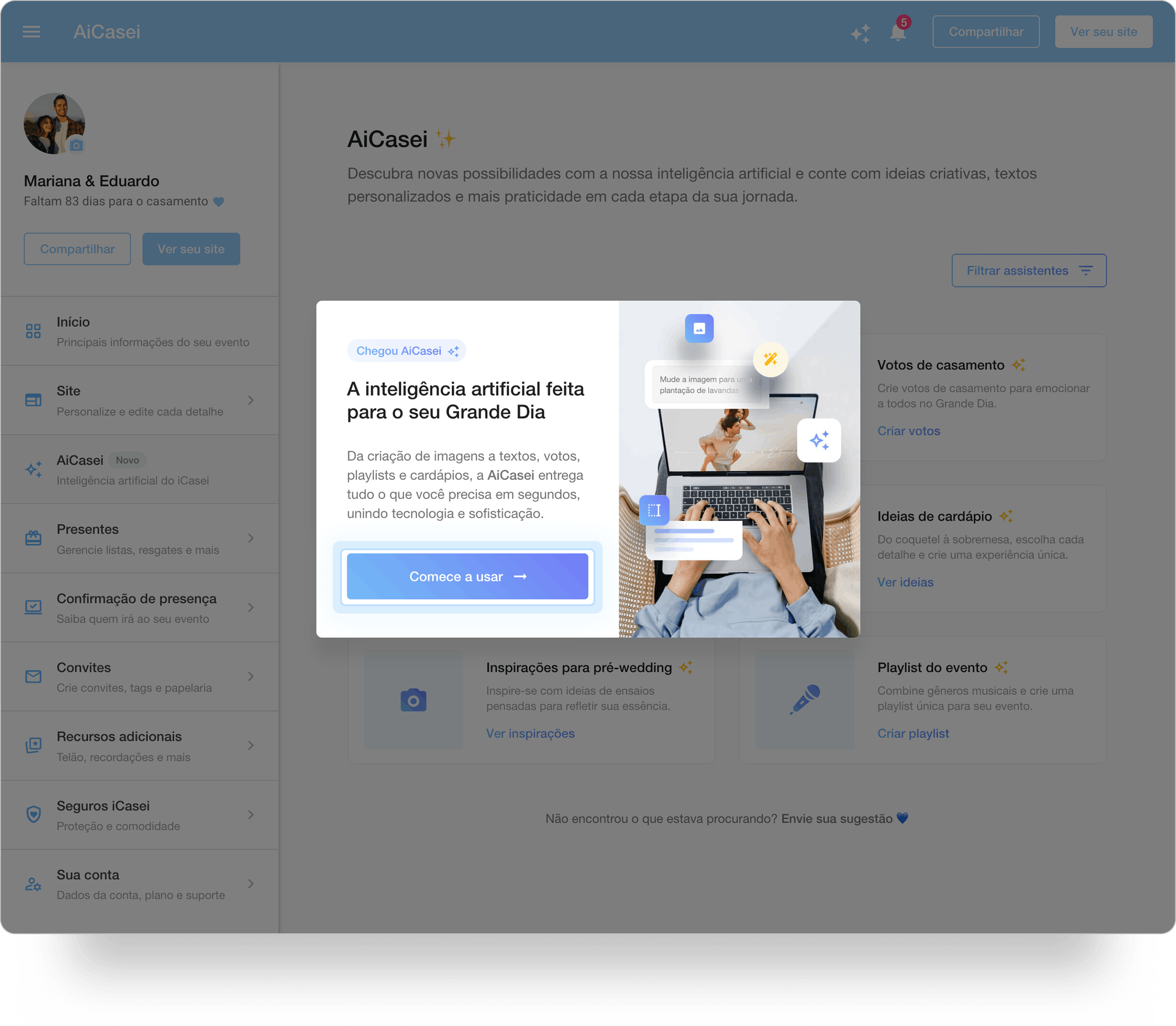 Captura de tela do painel mostrando do lado esquerdo o menu principal, e no centro um pop-up em destaque apresentando a inteligência artificial AiCasei com o botão 'Comece a usar.'